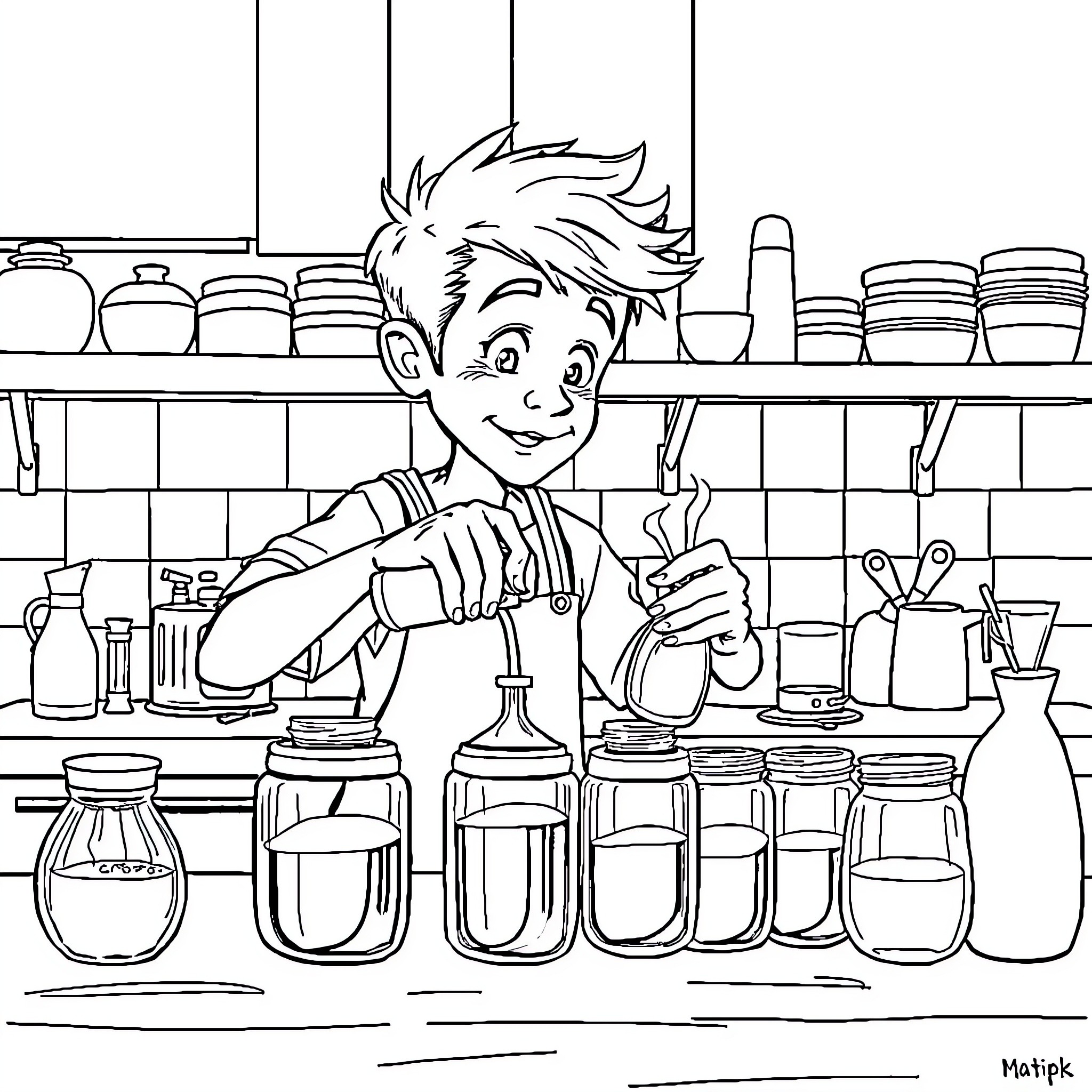 Boy working diligently in the kitchen Coloring Page (free black-and-white line drawing printable PDF for all, from beginners to advanced learners, including children, teens, adults, and seniors)