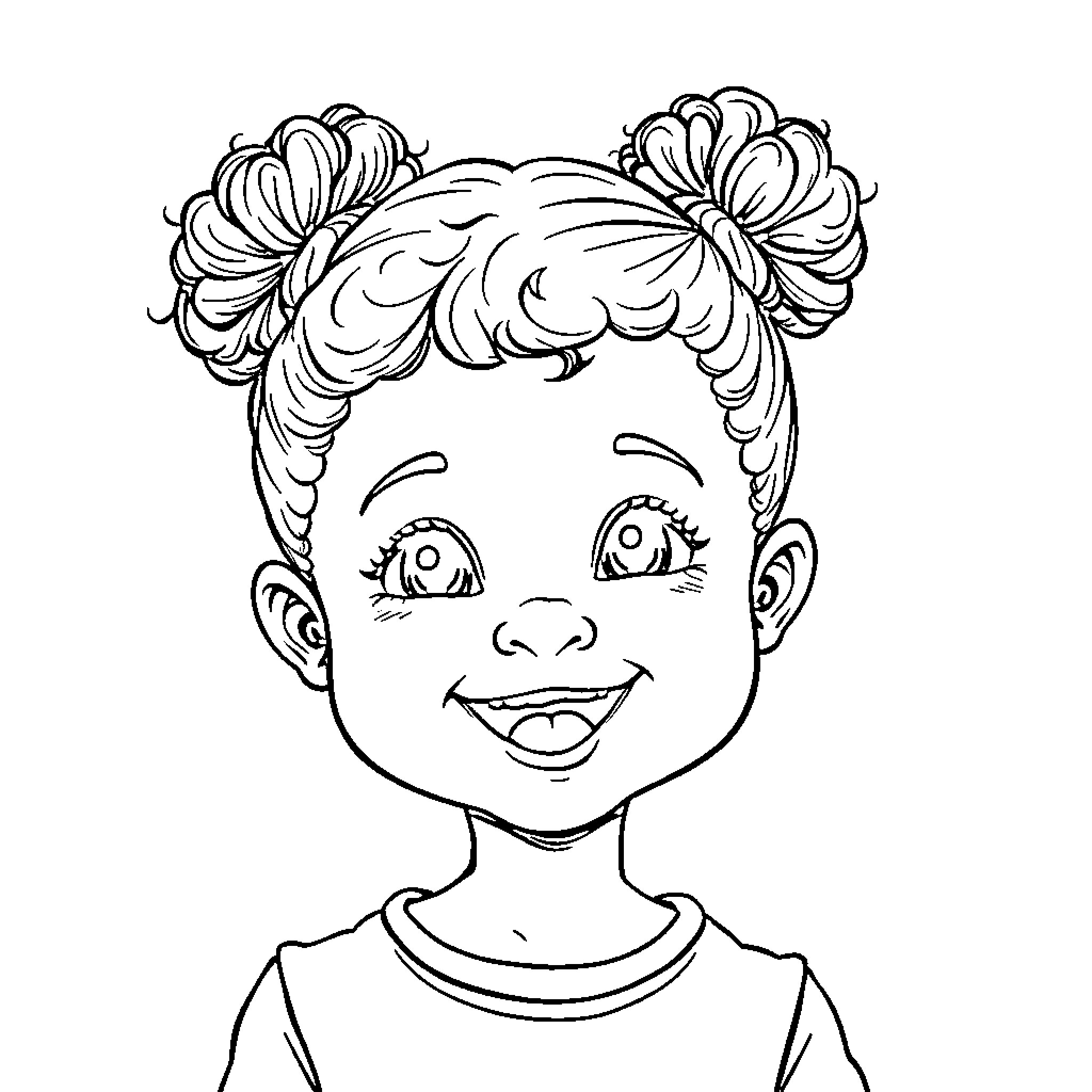 Girl with Playful Pigtails Coloring Page (free black-and-white line drawing printable PDF for all, from beginners to advanced learners, including children, teens, adults, and seniors)