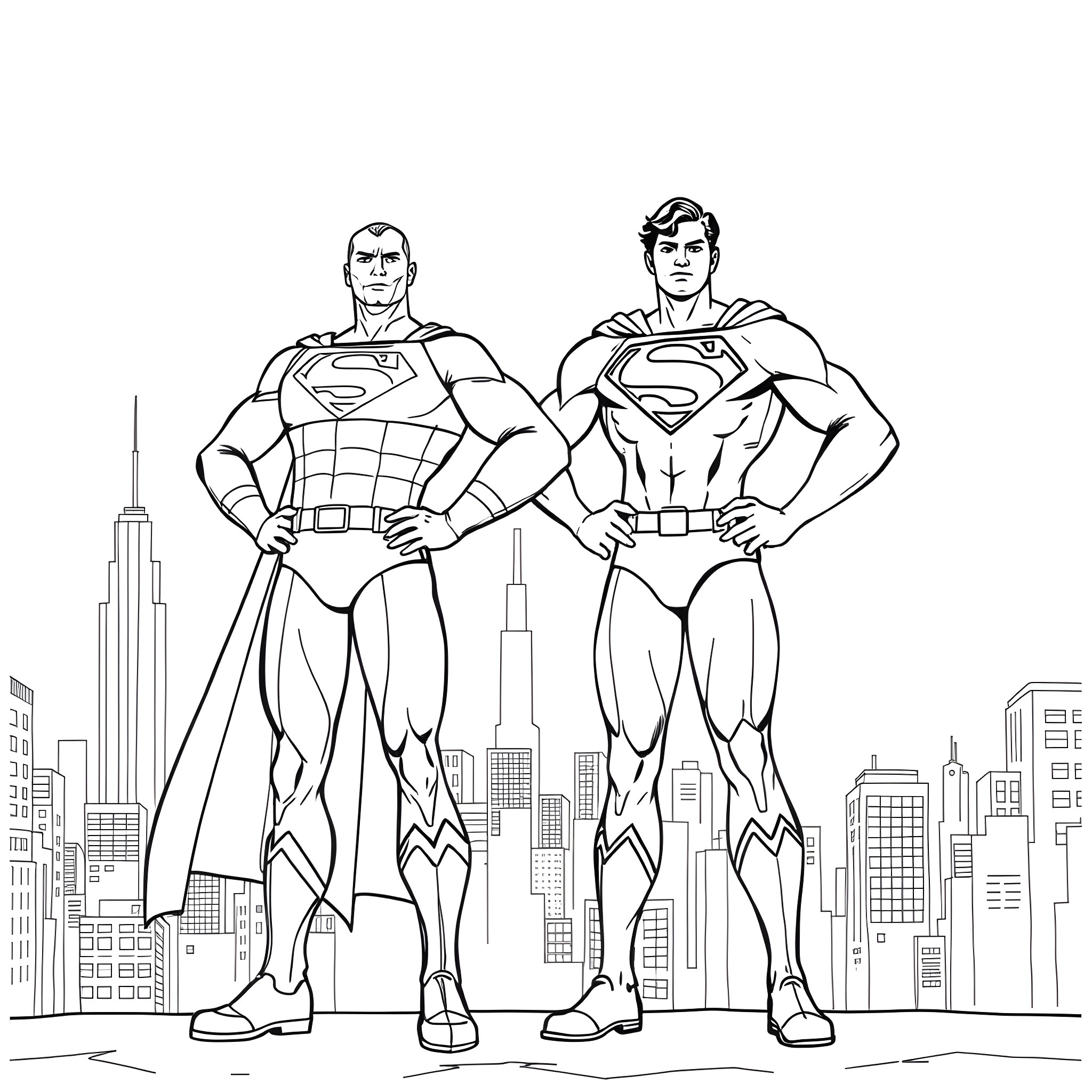 Heroes in Action: Iconic Superheroes Soar Over the City Coloring Page (free black-and-white line drawing printable PDF for all, from beginners to advanced learners, including children, teens, adults, and seniors)