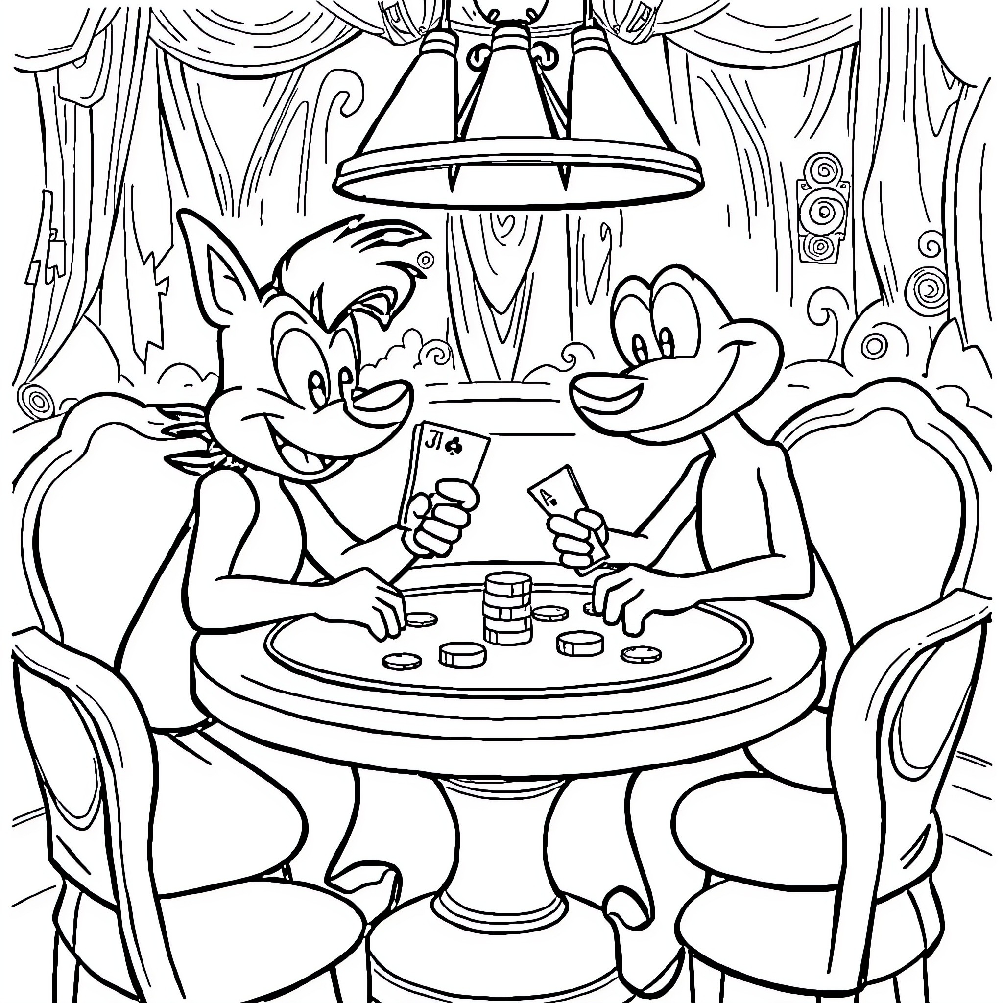 Titi Cartoon Characters Playing Card Games Coloring Page (free black-and-white line drawing printable PDF for all, from beginners to advanced learners, including children, teens, adults, and seniors)