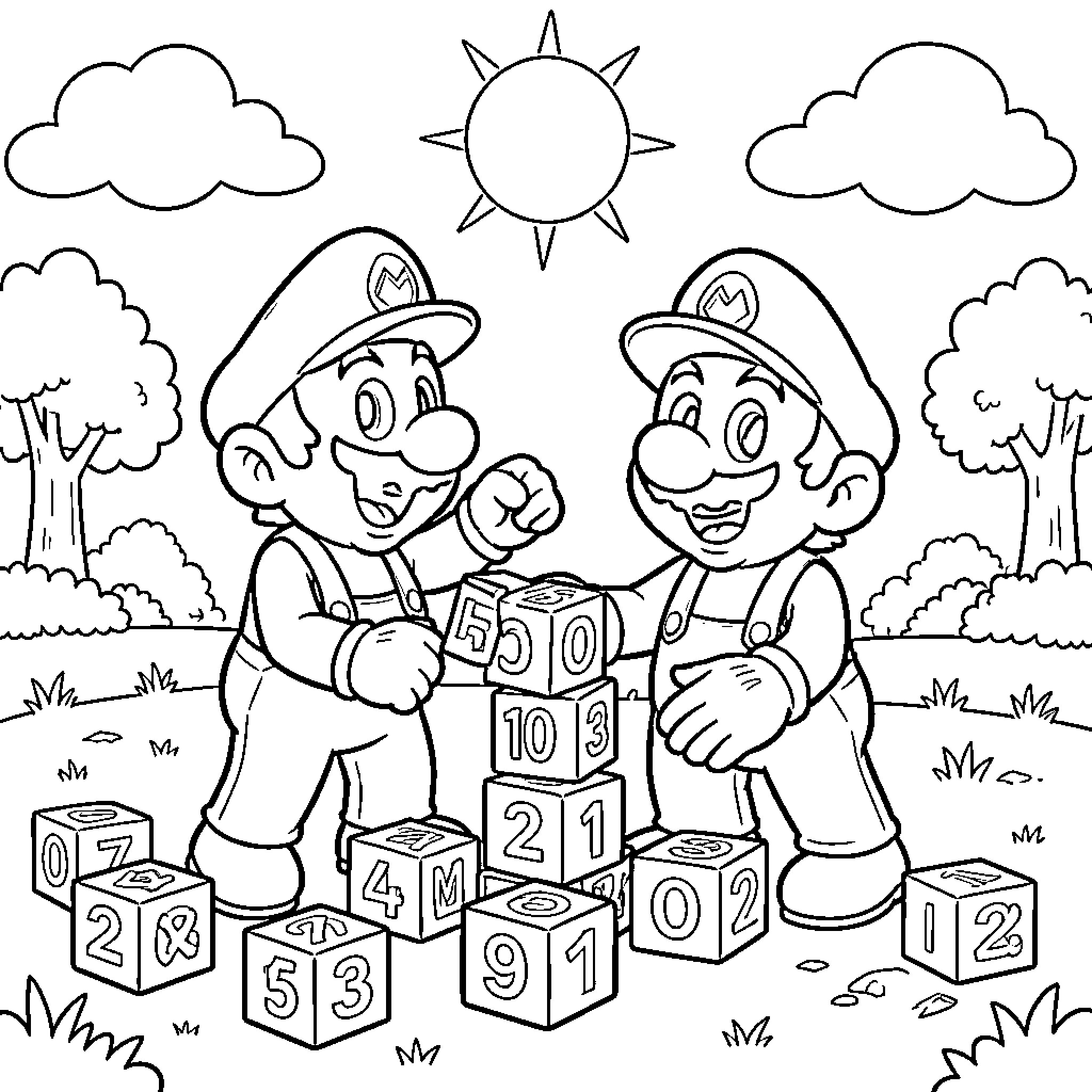 Mario Brothers Counting Fun Outdoor Scene Coloring Page (free black-and-white line drawing printable PDF for all, from beginners to advanced learners, including children, teens, adults, and seniors)