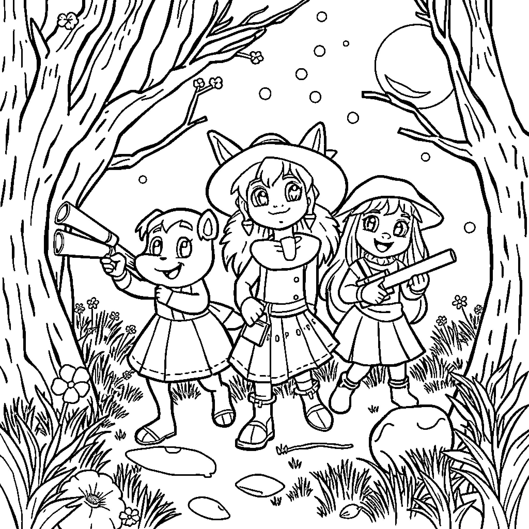 Huntrix Trio on Woodland Adventure Coloring Page (free black-and-white line drawing printable PDF for all, from beginners to advanced learners, including children, teens, adults, and seniors)