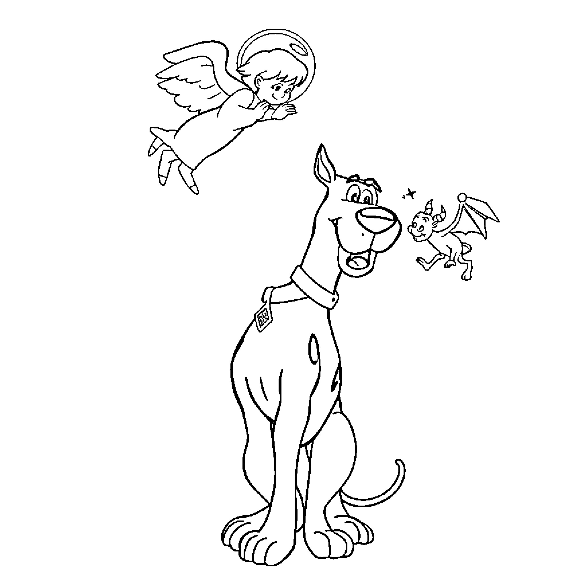 Scooby Doo and Friends Enjoying Playful Antics Coloring Page (free black-and-white line drawing printable PDF for all, from beginners to advanced learners, including children, teens, adults, and seniors)