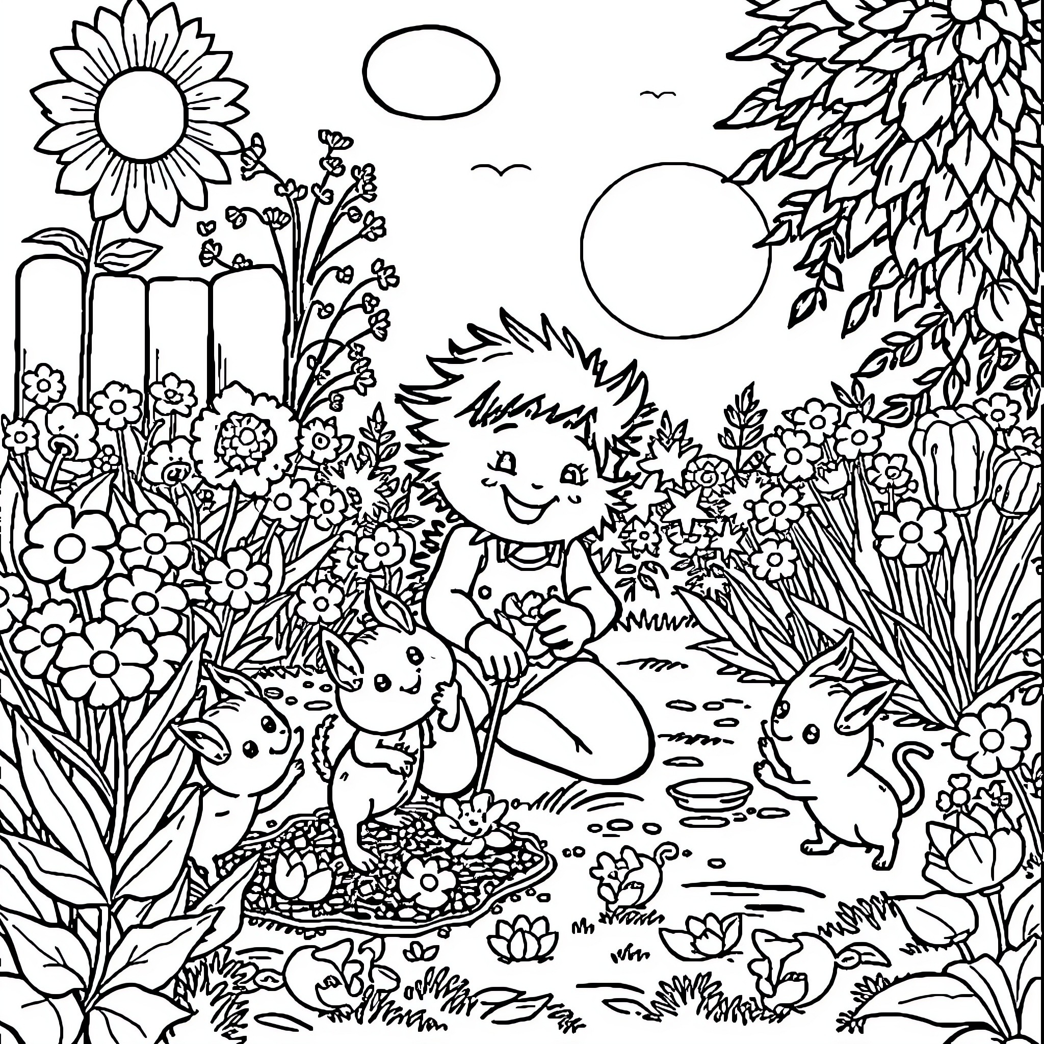 Grizzie's Whimsical Garden Adventure Coloring Page (free black-and-white line drawing printable PDF for all, from beginners to advanced learners, including children, teens, adults, and seniors)