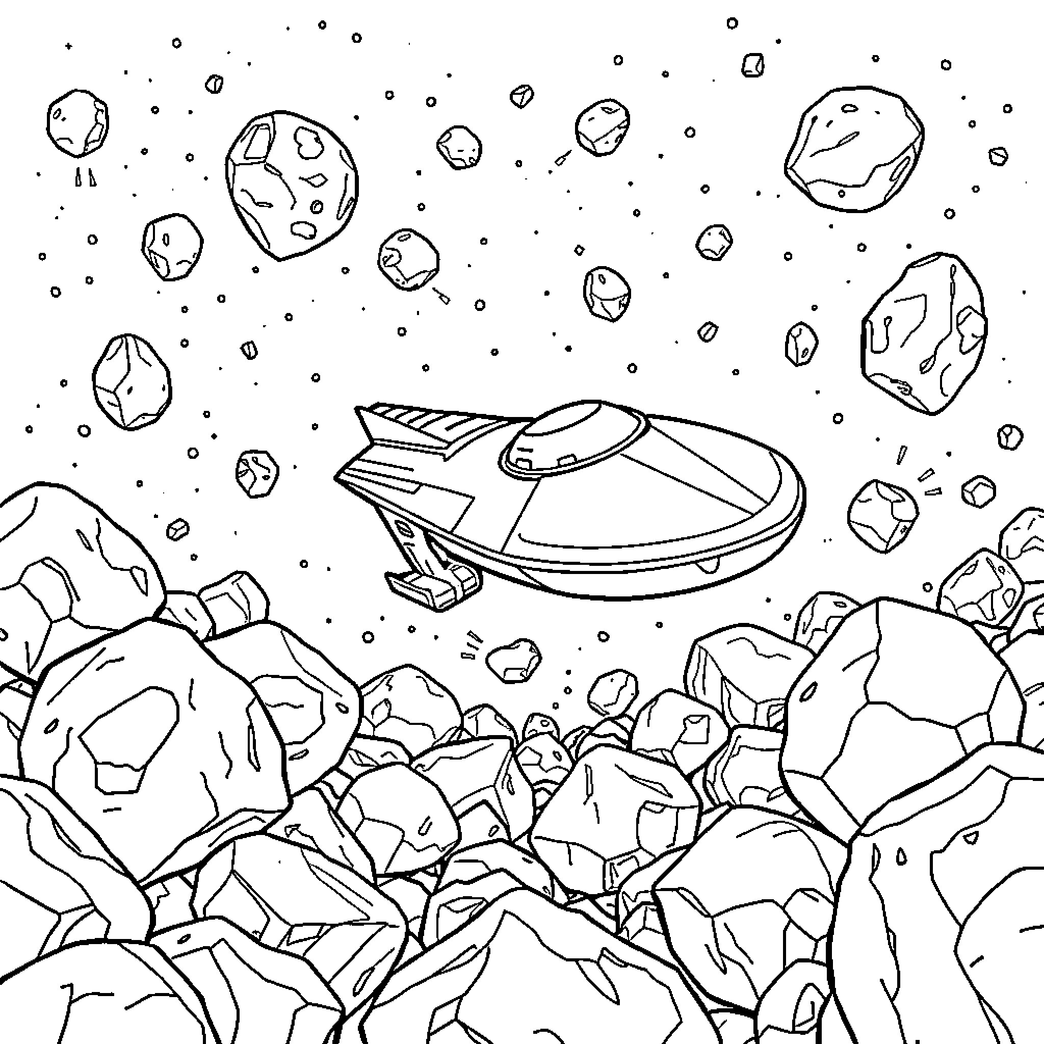 Space Ship Soaring Through Asteroid Field Coloring Page (free black-and-white line drawing printable PDF for all, from beginners to advanced learners, including children, teens, adults, and seniors)