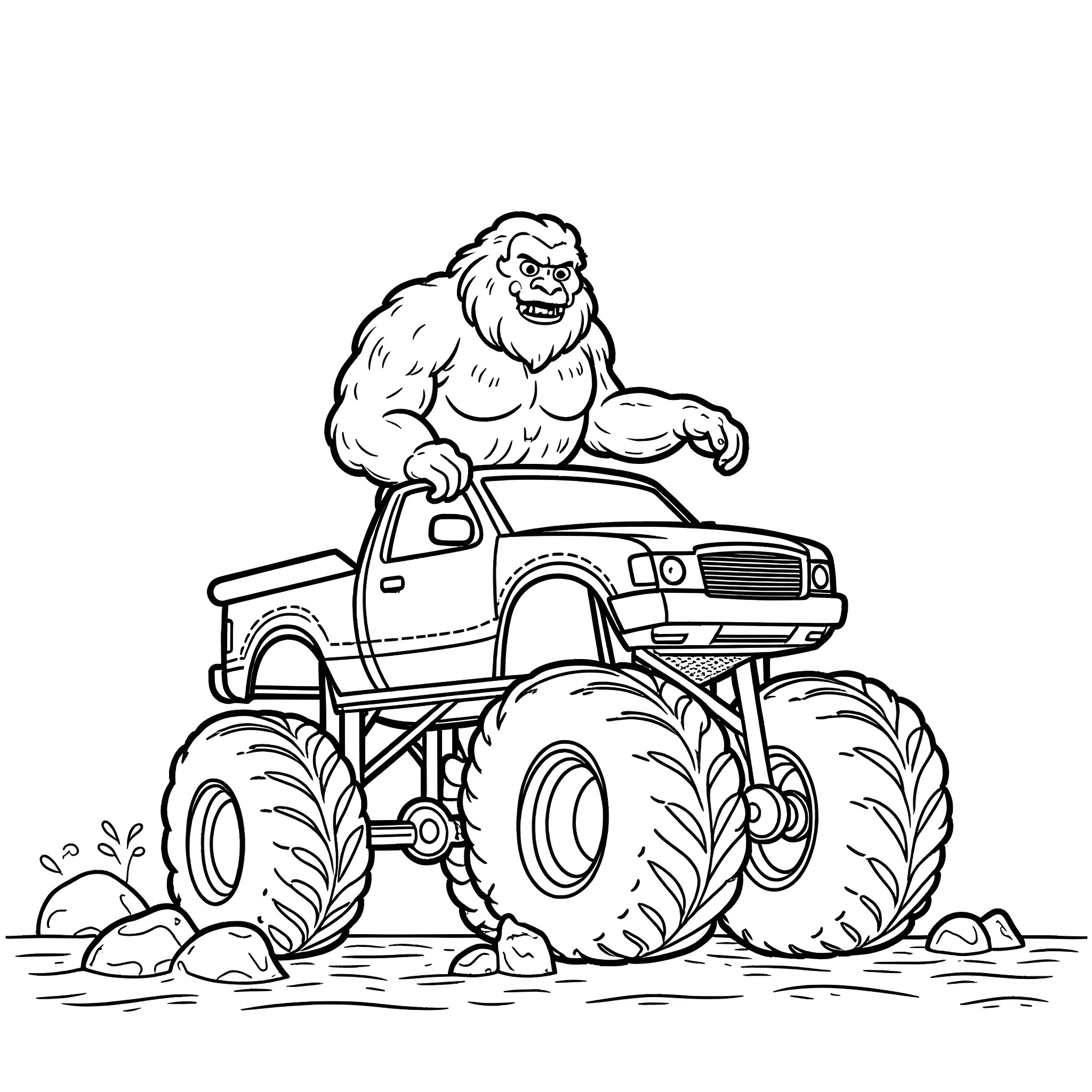 Bigfoot driving a monster truck through the mud Coloring Page (free black-and-white line drawing printable PDF for all, from beginners to advanced learners, including children, teens, adults, and seniors)