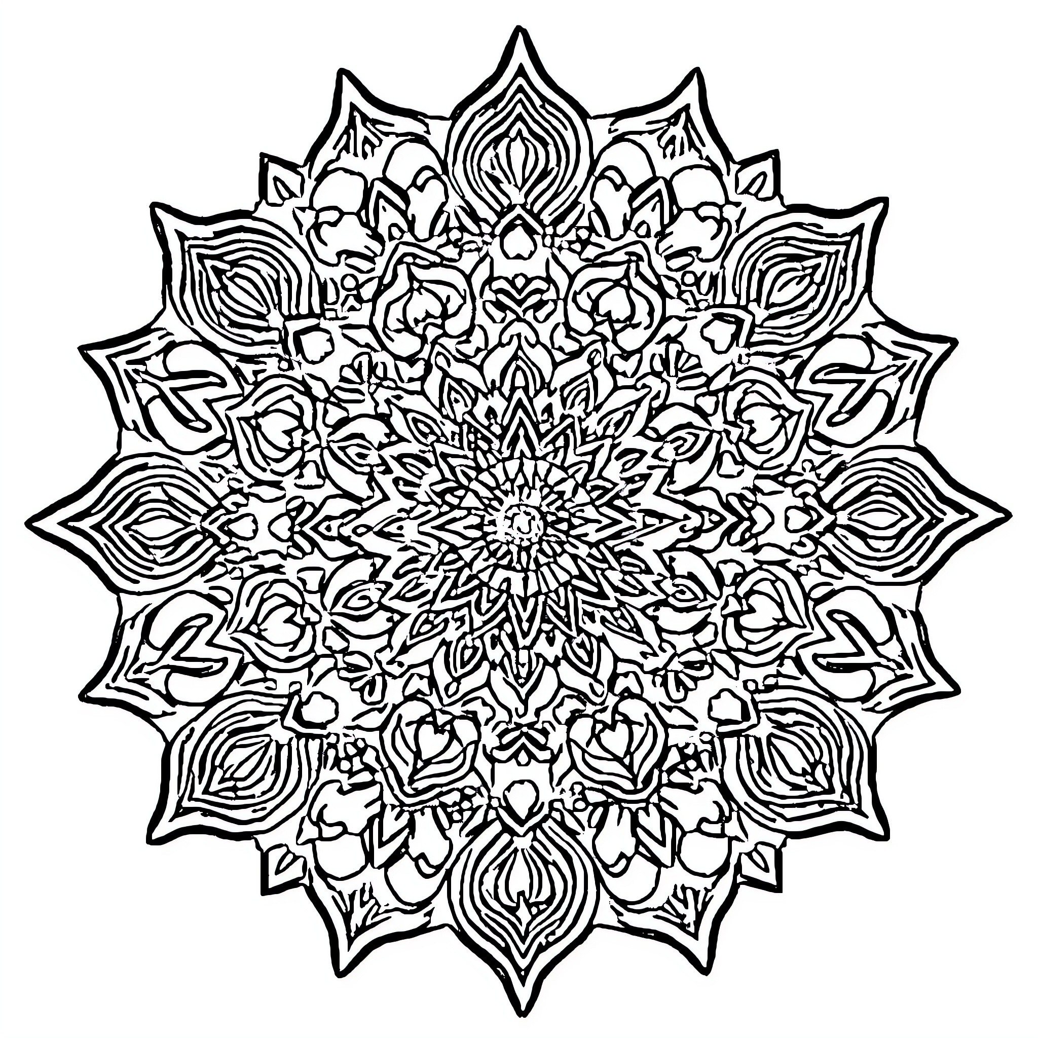 Mandalas of intricate floral patterns Coloring Page (free black-and-white line drawing printable PDF for all, from beginners to advanced learners, including children, teens, adults, and seniors)