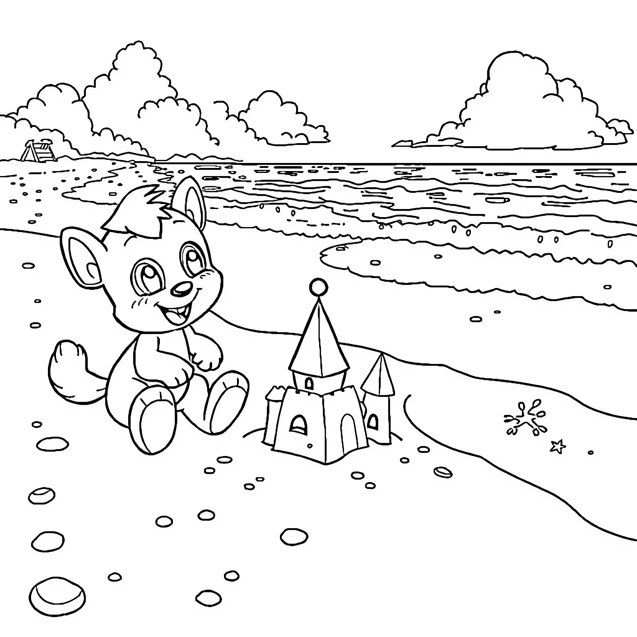 Bluey playing at the beach with a sandcastle Coloring Page (free black-and-white line drawing printable PDF for all, from beginners to advanced learners, including children, teens, adults, and seniors)