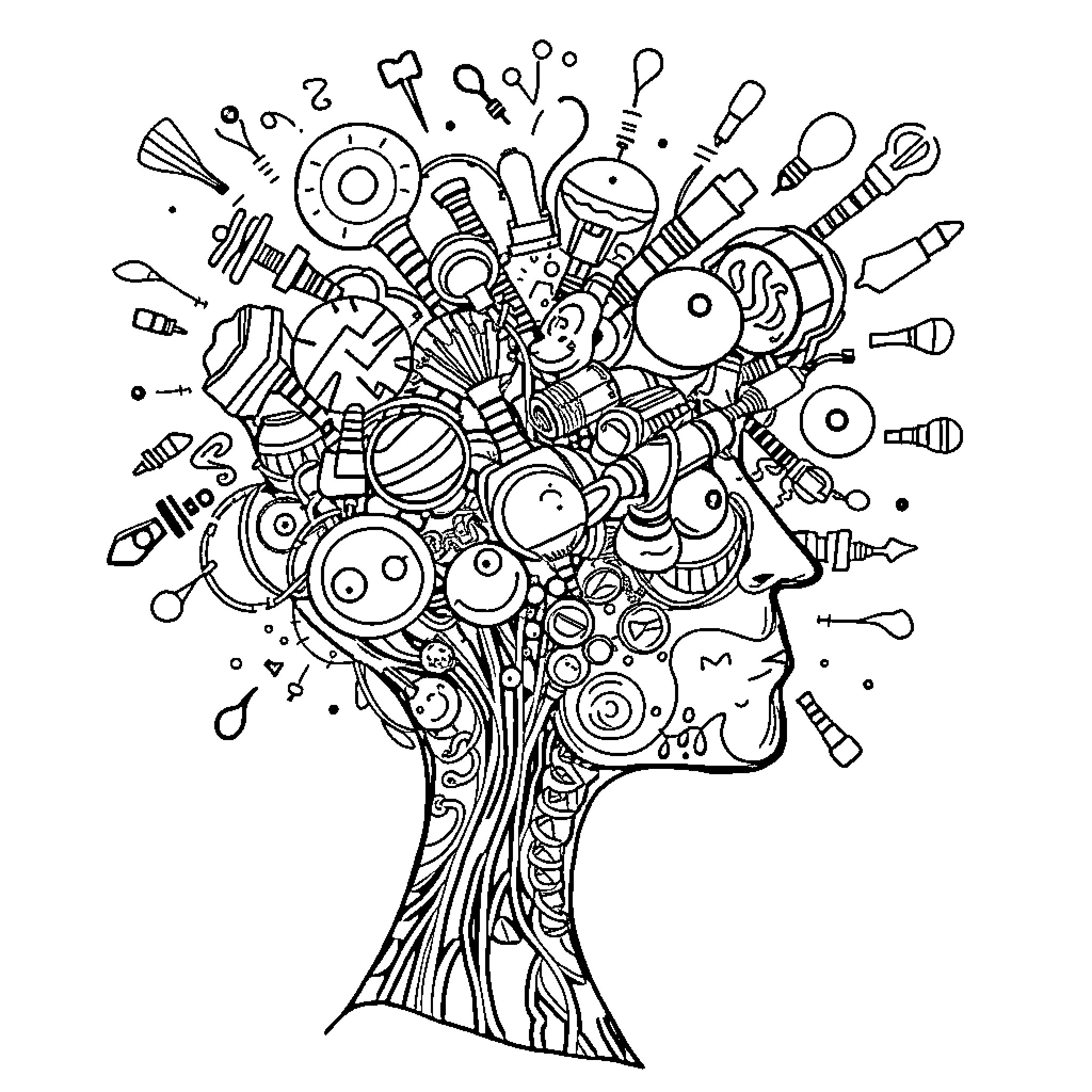 Brain Filled with Whimsical Symbols and Shapes Coloring Page (free black-and-white line drawing printable PDF for all, from beginners to advanced learners, including children, teens, adults, and seniors)
