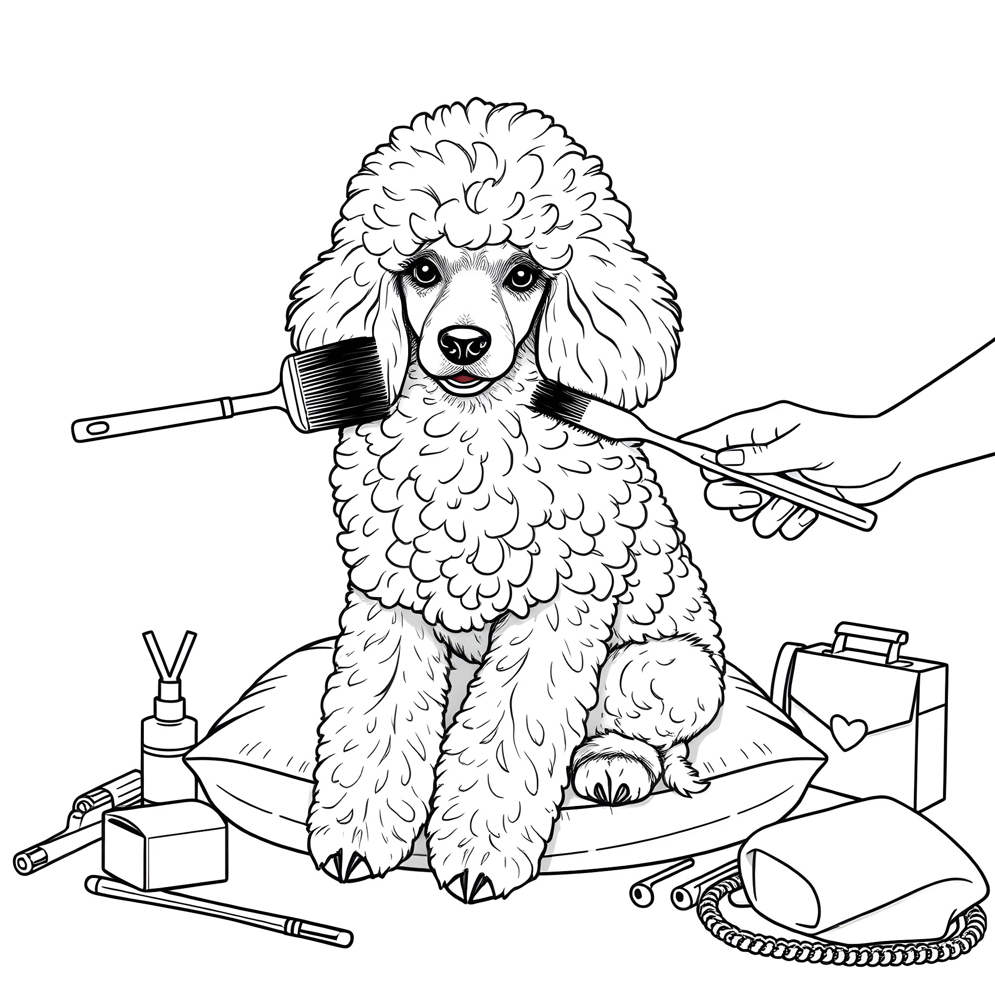 Poodle grooming with professional tools Coloring Page (free black-and-white line drawing printable PDF for all, from beginners to advanced learners, including children, teens, adults, and seniors)