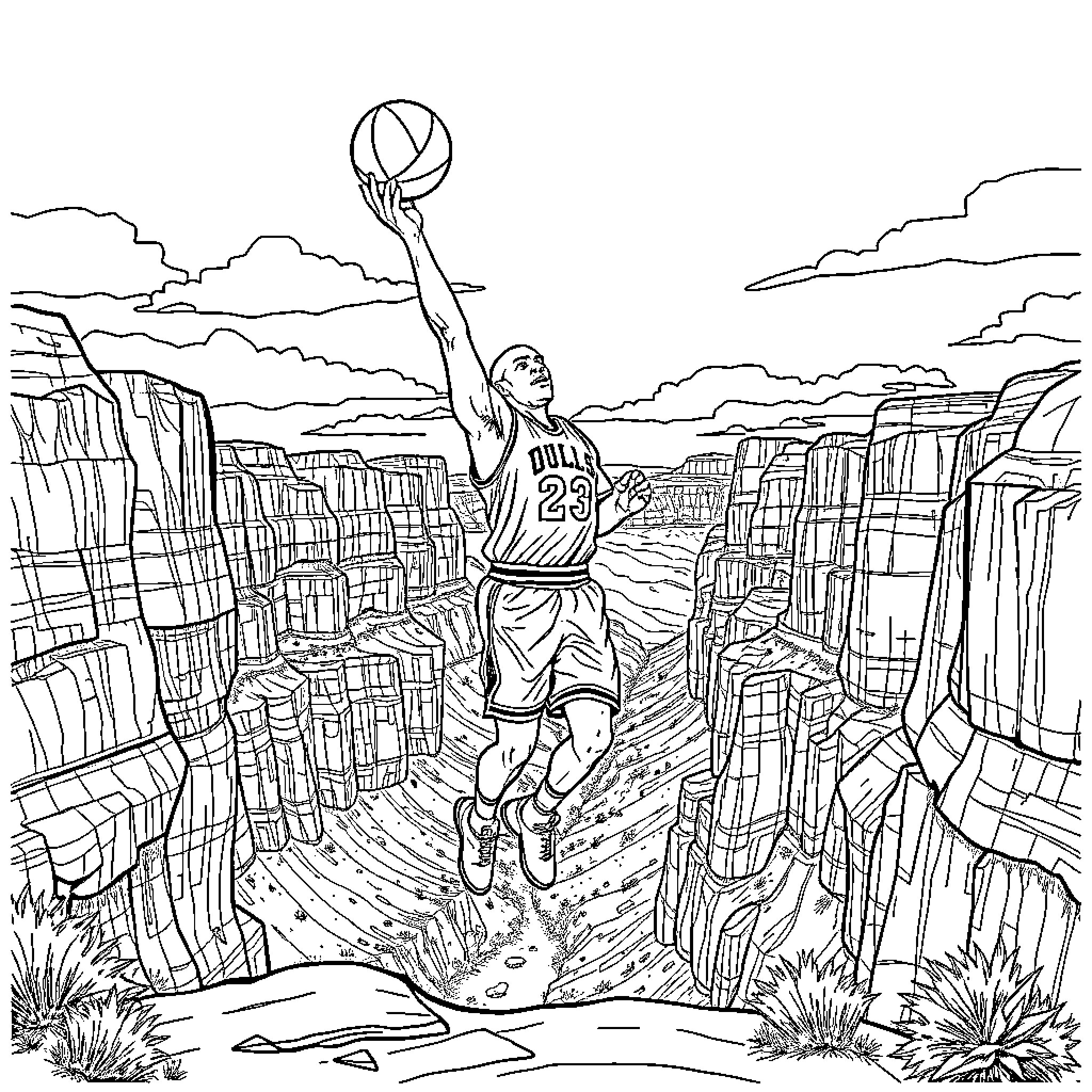 Michael Jordan leaping for a slam dunk in an arid landscape Coloring Page (free black-and-white line drawing printable PDF for all, from beginners to advanced learners, including children, teens, adults, and seniors)
