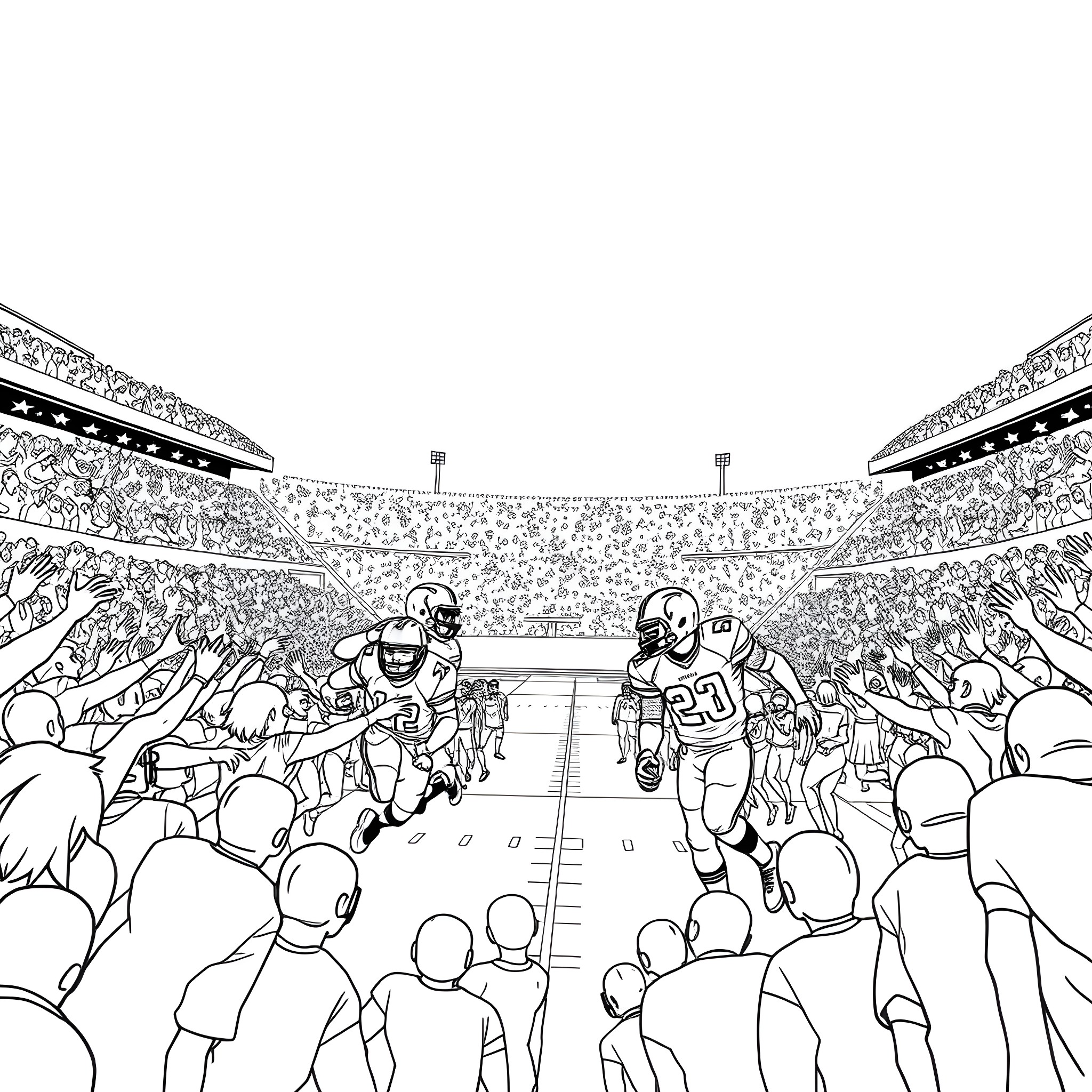 Football players competing on the field with cheering crowd Coloring Page (free black-and-white line drawing printable PDF for all, from beginners to advanced learners, including children, teens, adults, and seniors)