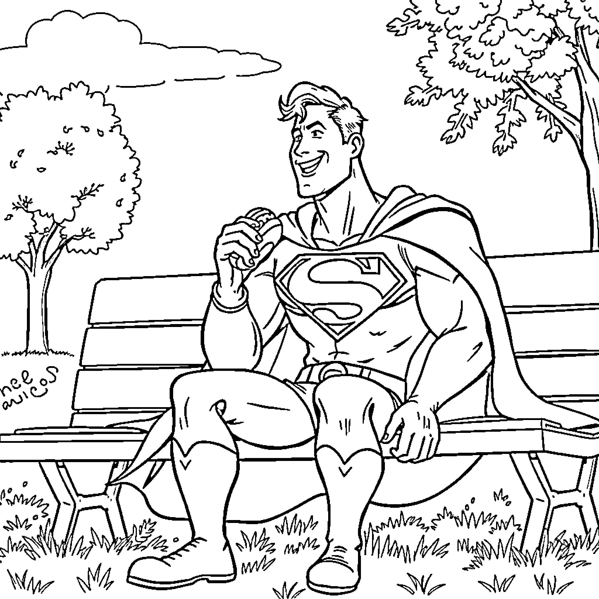 Superman resting peacefully on a park bench Coloring Page (free black-and-white line drawing printable PDF for all, from beginners to advanced learners, including children, teens, adults, and seniors)