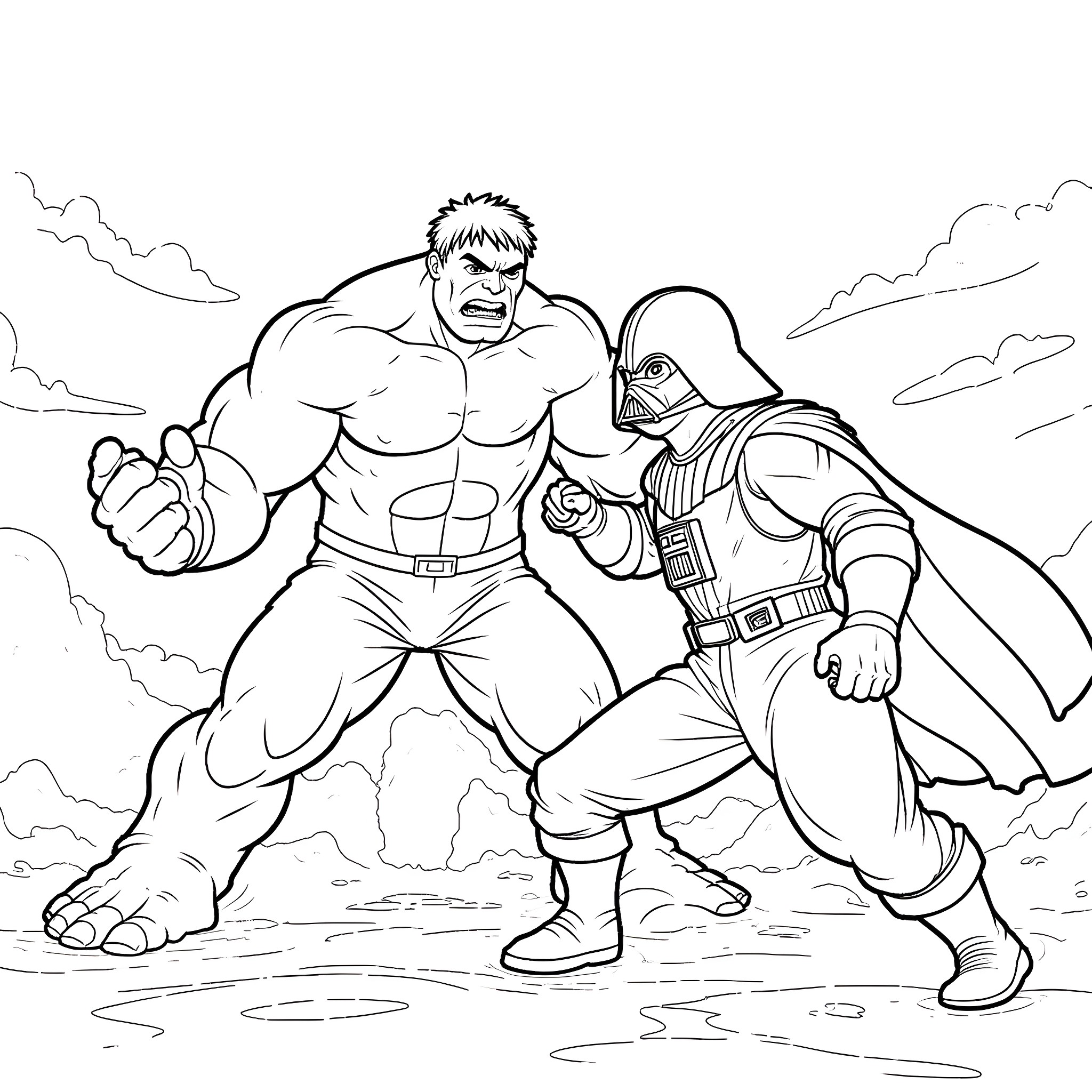Hulk battling a fearsome foe in an intense confrontation Coloring Page (free black-and-white line drawing printable PDF for all, from beginners to advanced learners, including children, teens, adults, and seniors)
