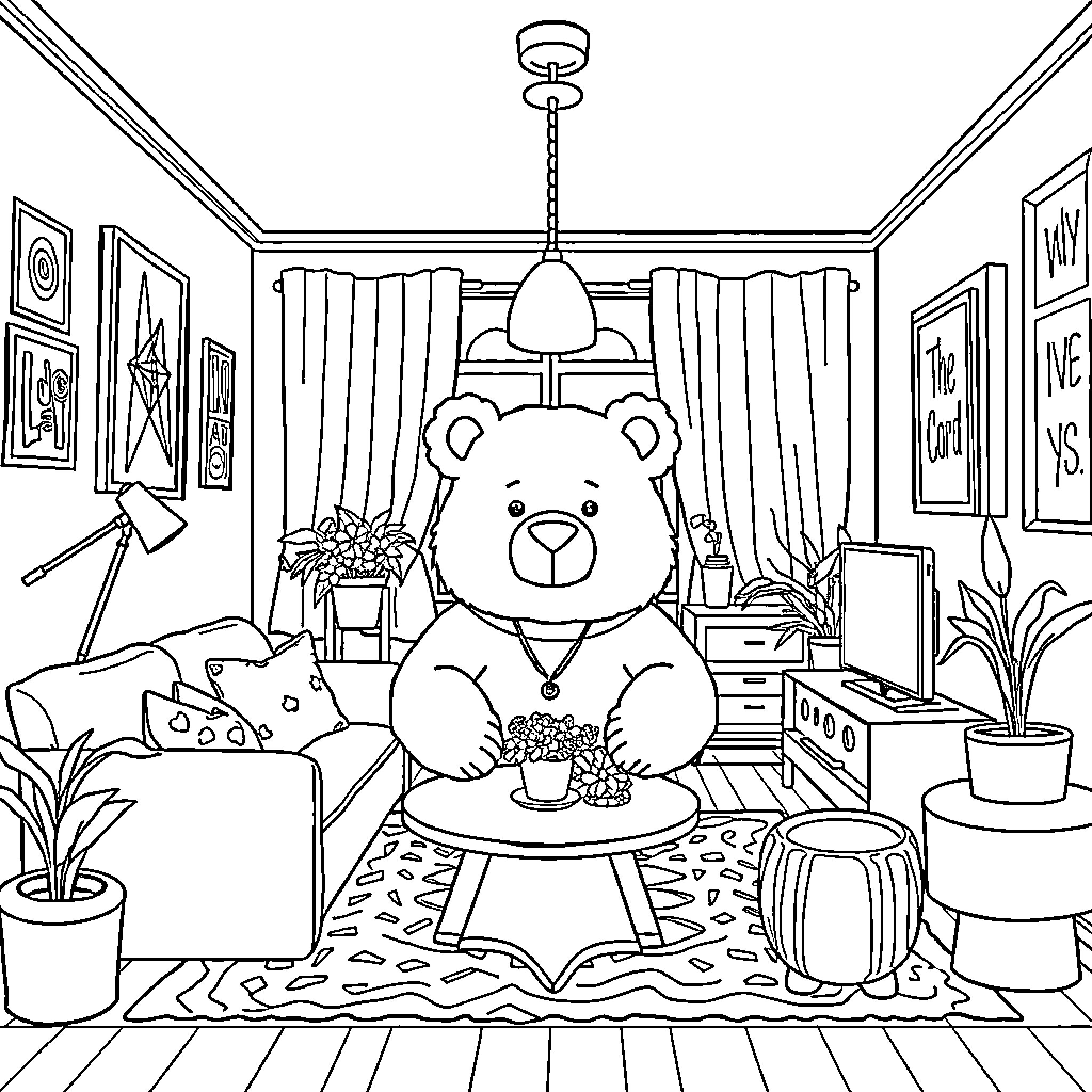 Bear relaxing in cozy indoor living space Coloring Page (free black-and-white line drawing printable PDF for all, from beginners to advanced learners, including children, teens, adults, and seniors)