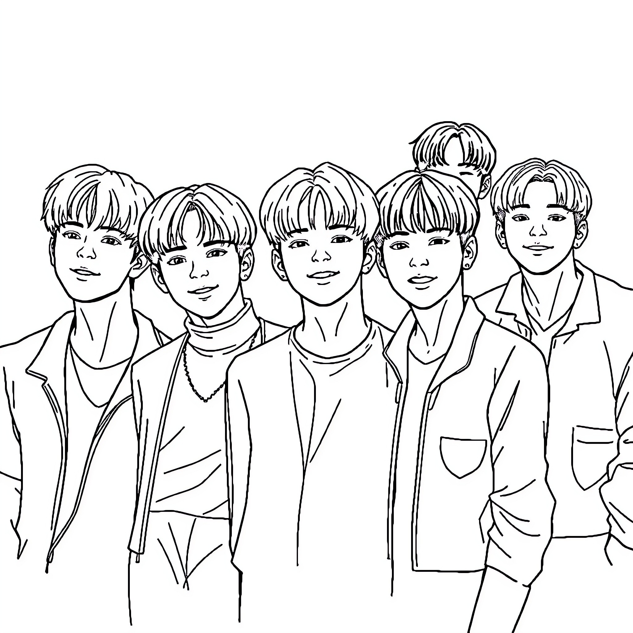 BTS Members in Casual Outfits Coloring Page (free black-and-white line drawing printable PDF for all, from beginners to advanced learners, including children, teens, adults, and seniors)
