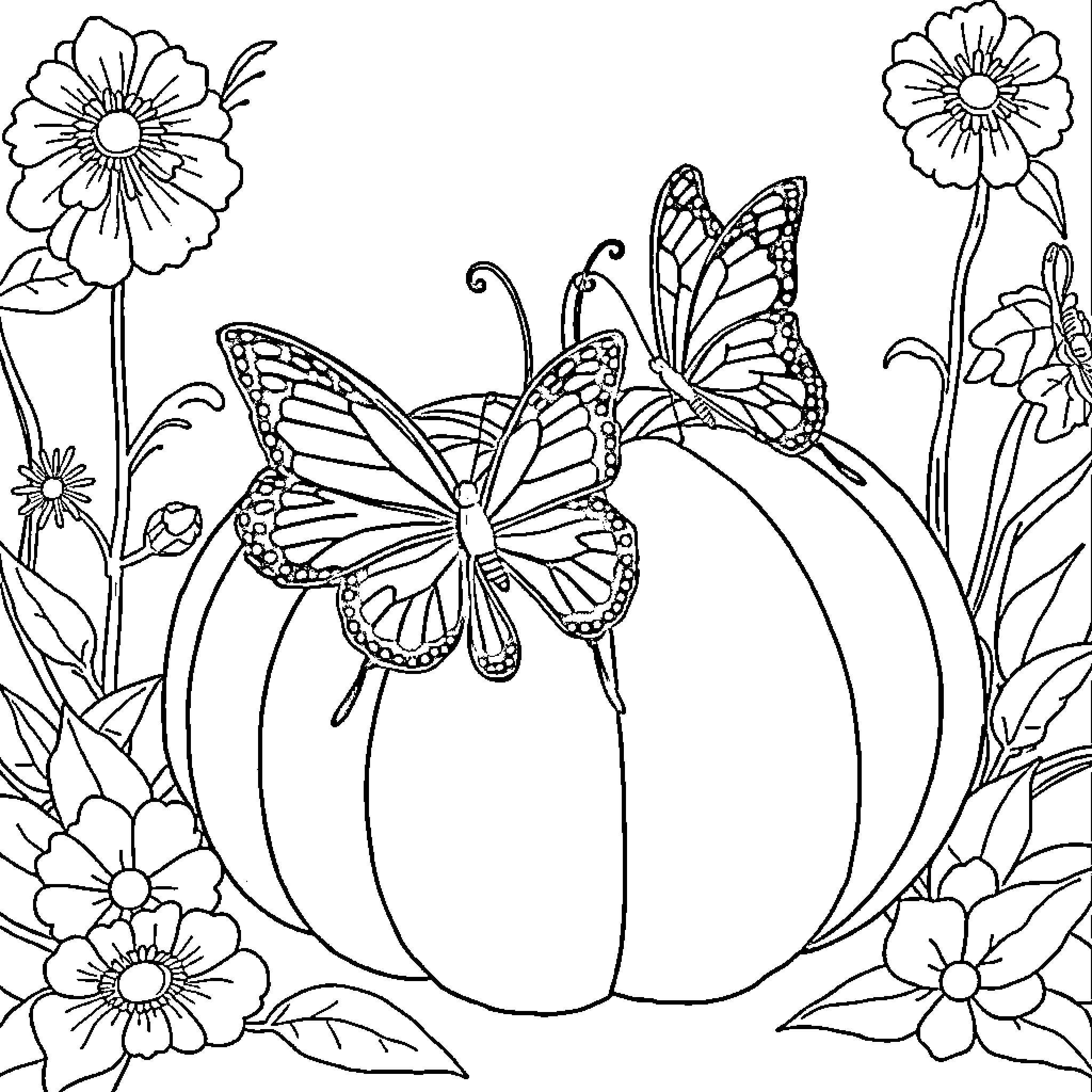 Butterfly Blossoms and Pumpkin Patch Coloring Page (free black-and-white line drawing printable PDF for all, from beginners to advanced learners, including children, teens, adults, and seniors)