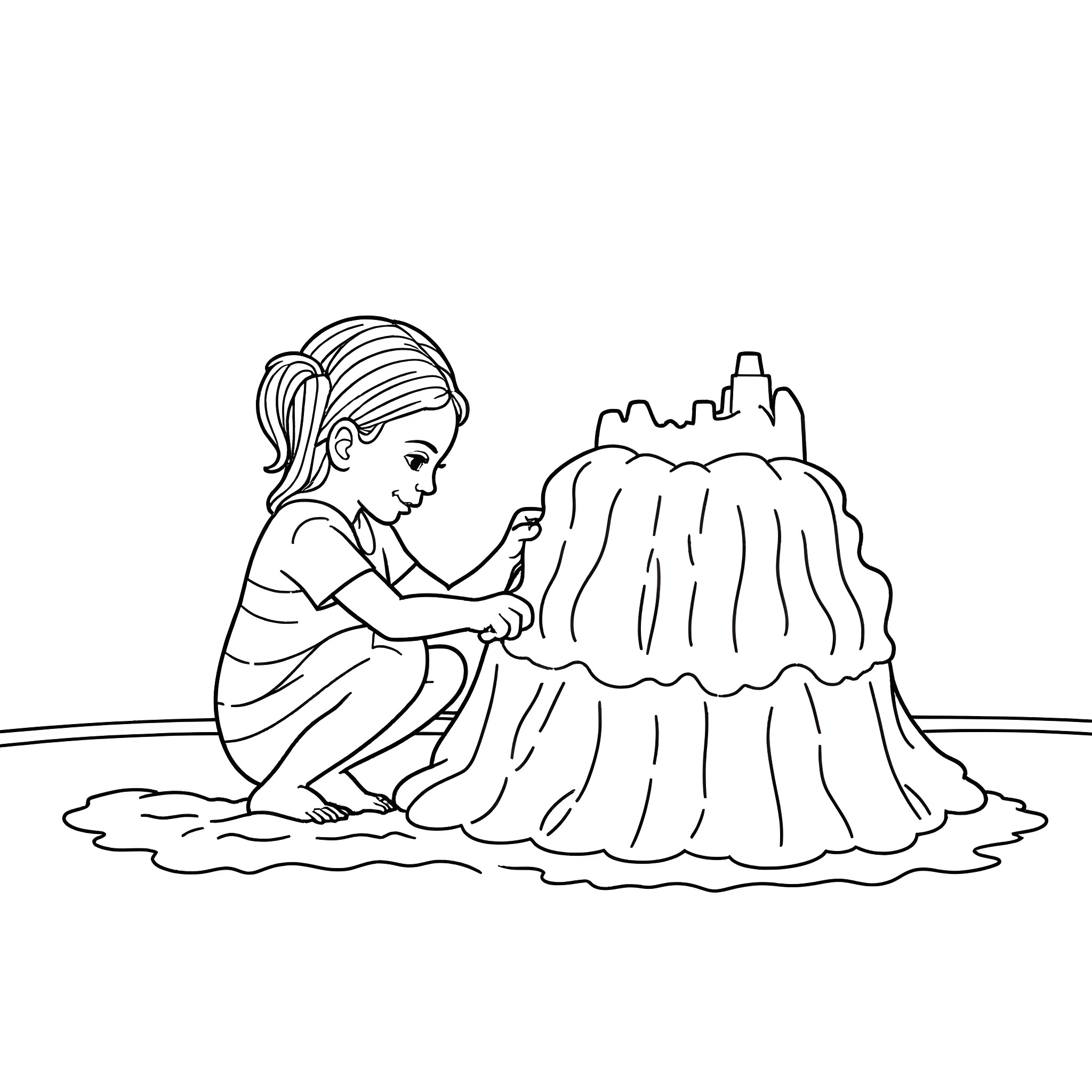 Girl building sand castle on the beach Coloring Page (free black-and-white line drawing printable PDF for all, from beginners to advanced learners, including children, teens, adults, and seniors)