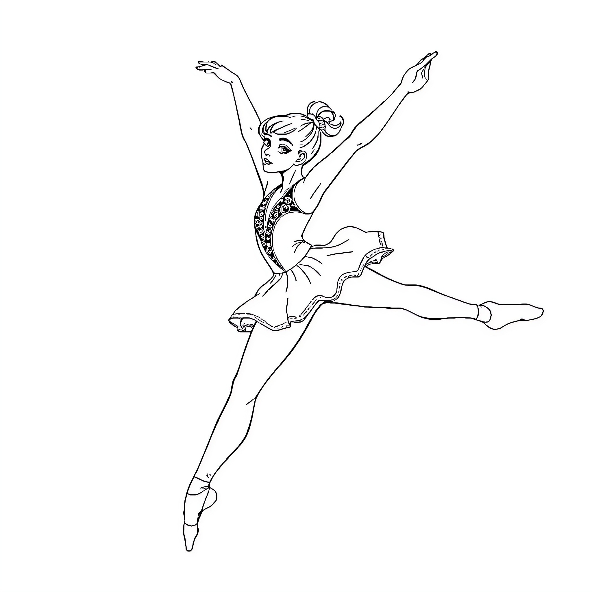 Gymnast Doll Performing Graceful Ballet Moves Coloring Page (free black-and-white line drawing printable PDF for all, from beginners to advanced learners, including children, teens, adults, and seniors)