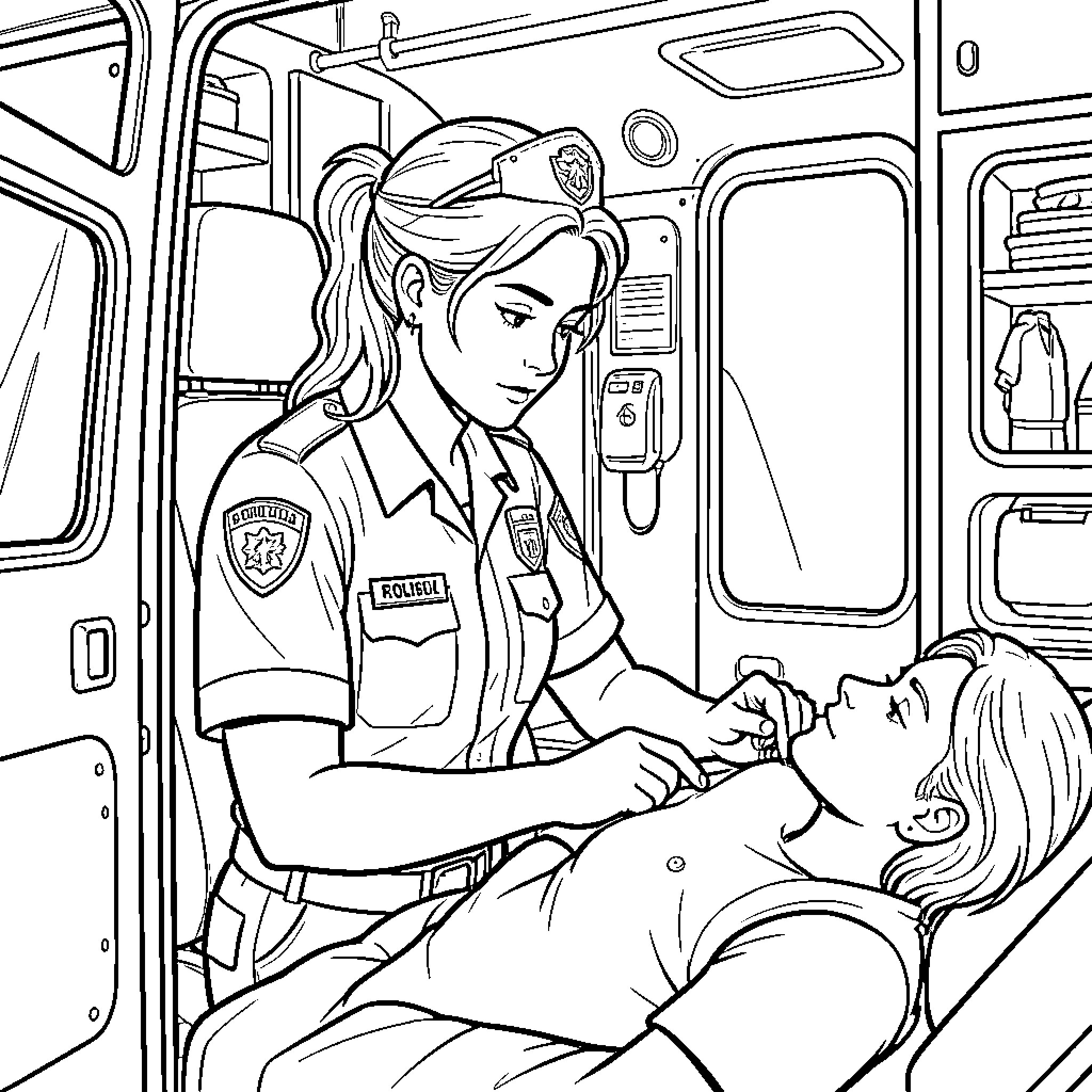 Paramedic providing care to a patient in an ambulance Coloring Page (free black-and-white line drawing printable PDF for all, from beginners to advanced learners, including children, teens, adults, and seniors)