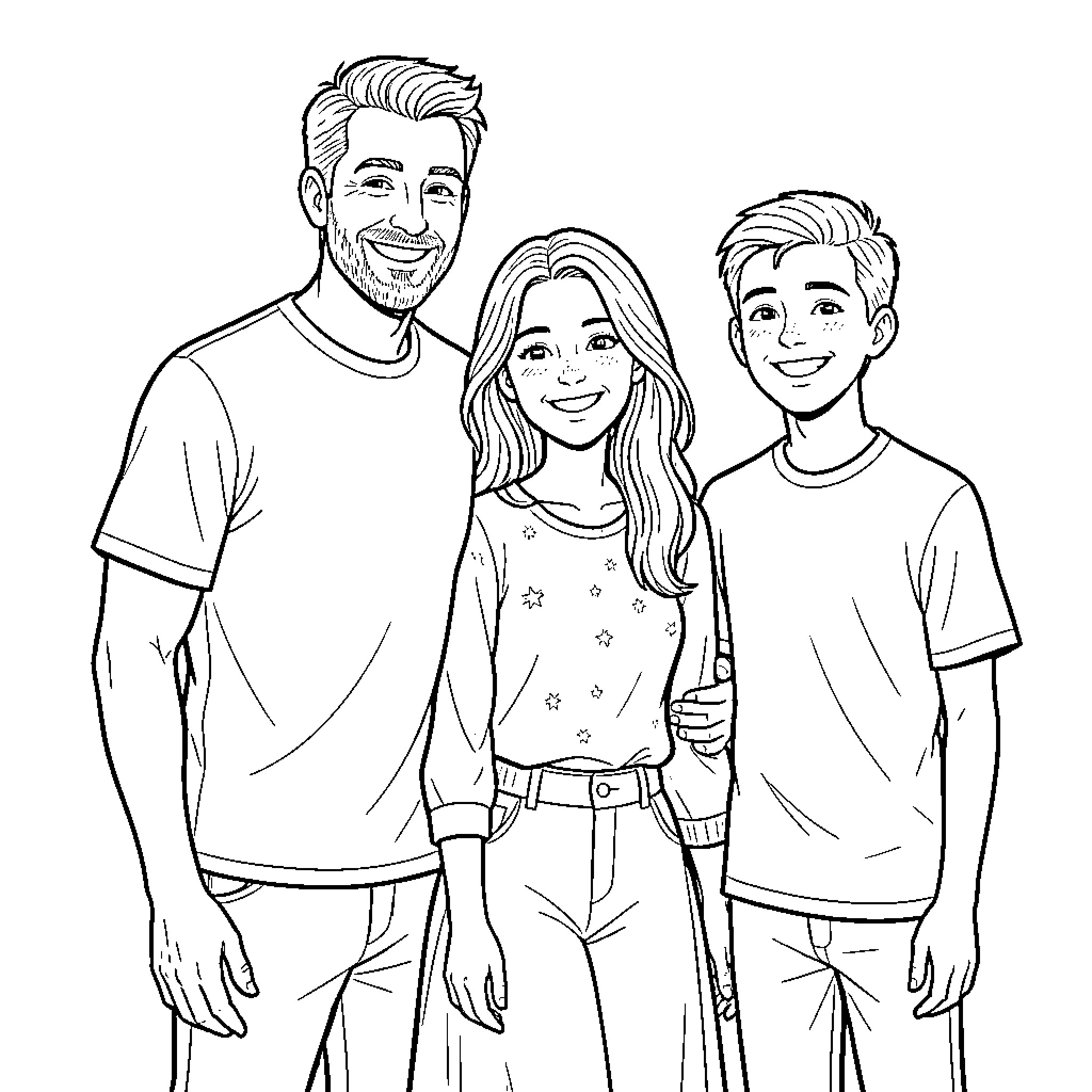 Family Portrait of Smiling Parents and Child Coloring Page (free black-and-white line drawing printable PDF for all, from beginners to advanced learners, including children, teens, adults, and seniors)