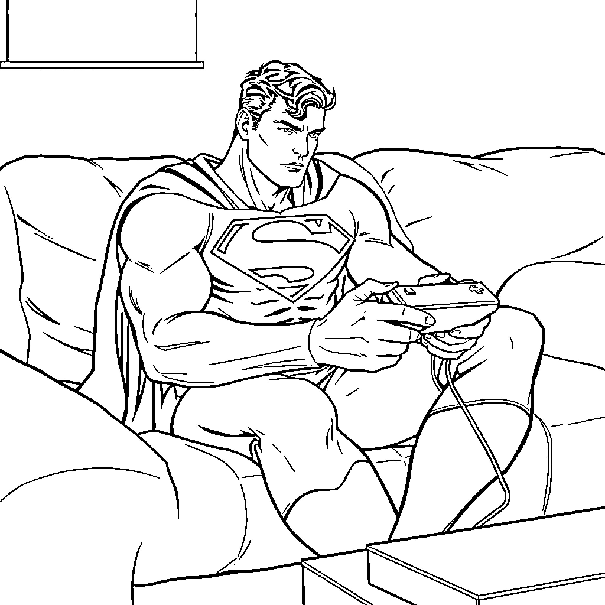 Superman enjoying a relaxing break with a video game Coloring Page (free black-and-white line drawing printable PDF for all, from beginners to advanced learners, including children, teens, adults, and seniors)
