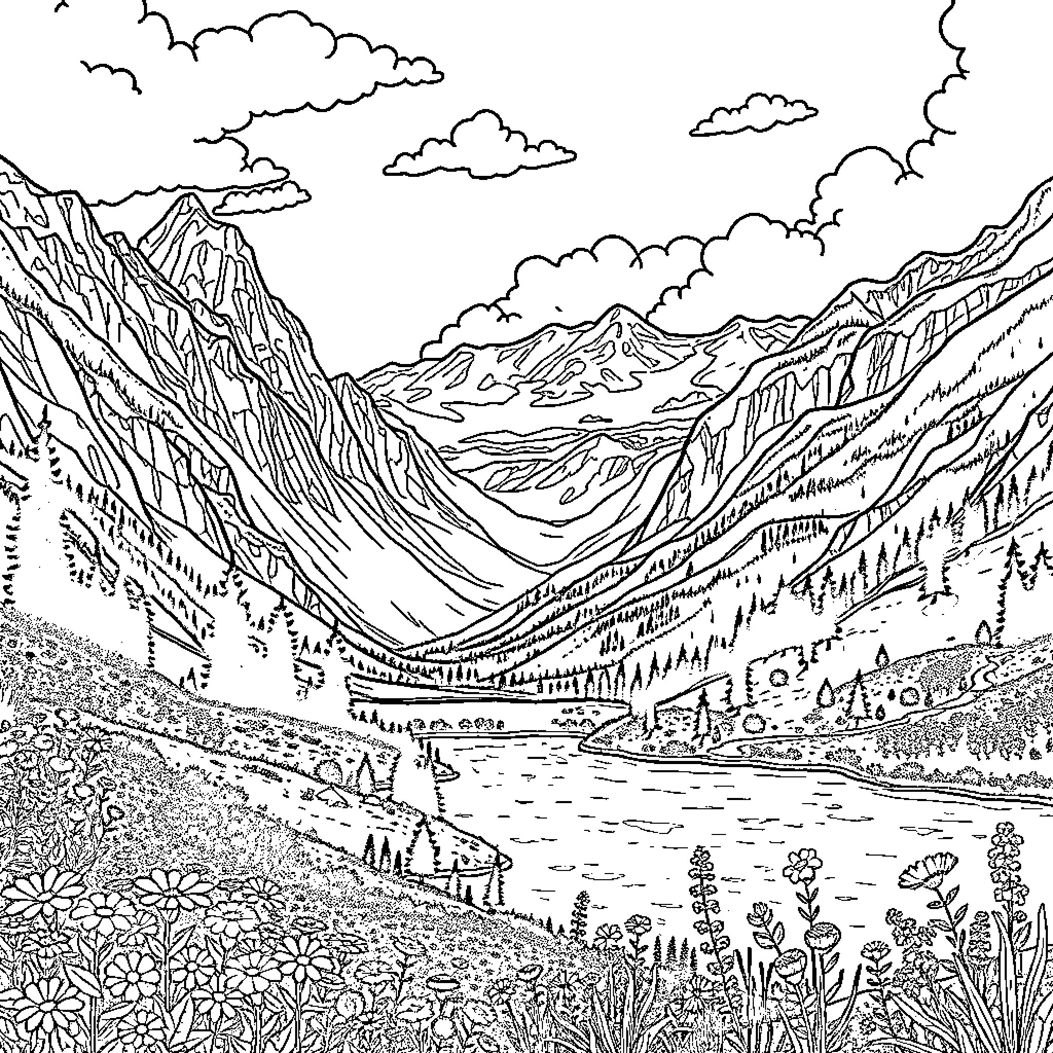 Landscape of majestic mountains and serene nature Coloring Page (free black-and-white line drawing printable PDF for all, from beginners to advanced learners, including children, teens, adults, and seniors)