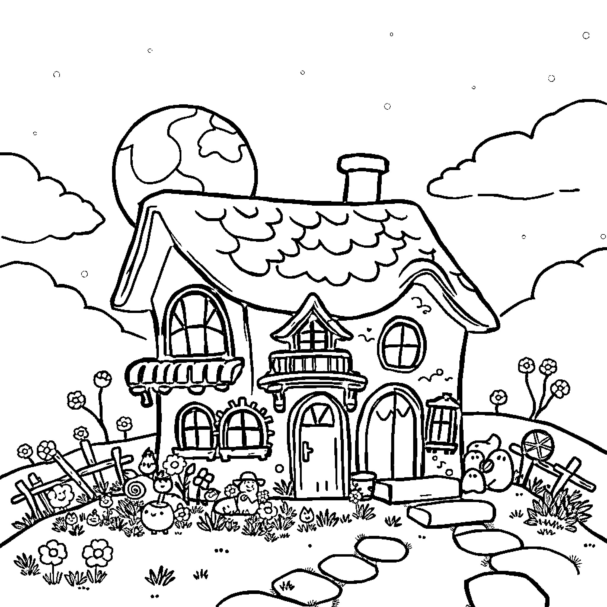 Dollhouse in a whimsical countryside landscape Coloring Page (free black-and-white line drawing printable PDF for all, from beginners to advanced learners, including children, teens, adults, and seniors)