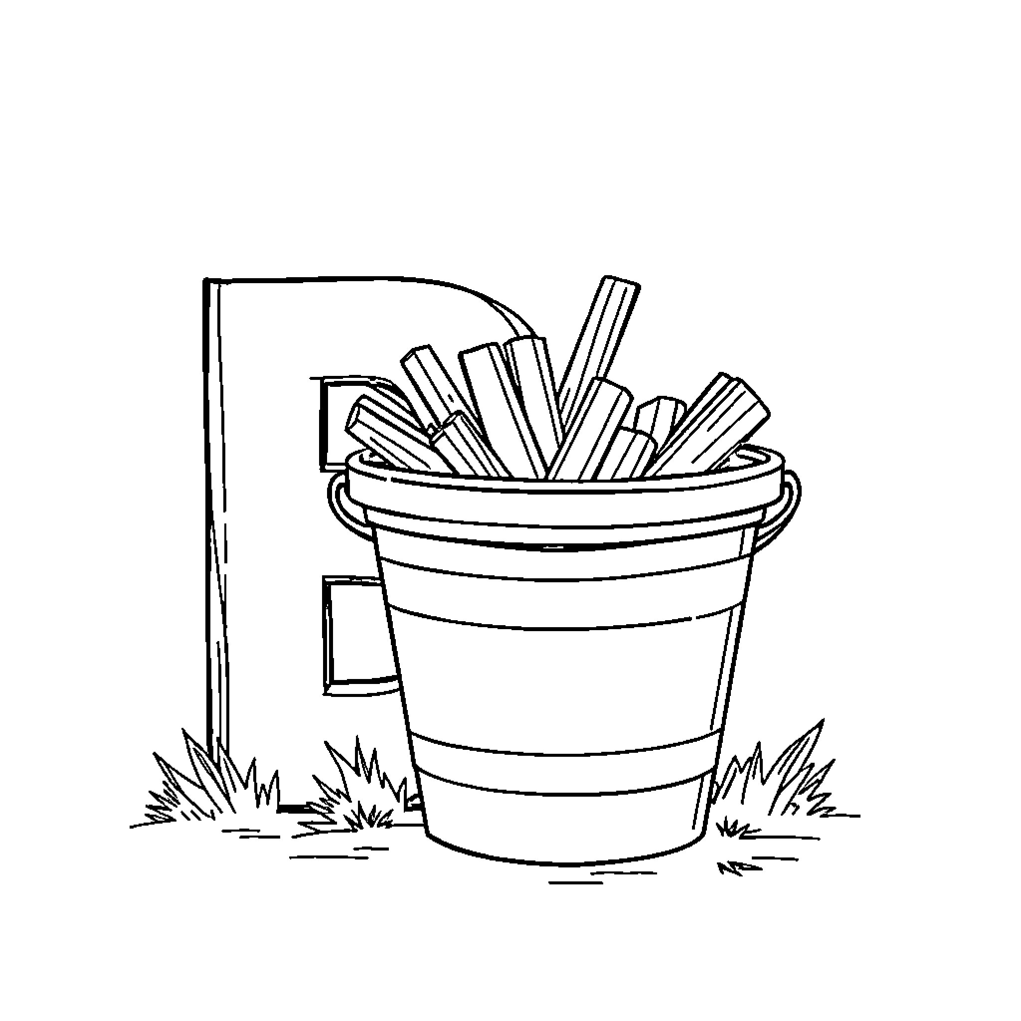 Bin of cleaning supplies Coloring Page (free black-and-white line drawing printable PDF for all, from beginners to advanced learners, including children, teens, adults, and seniors)