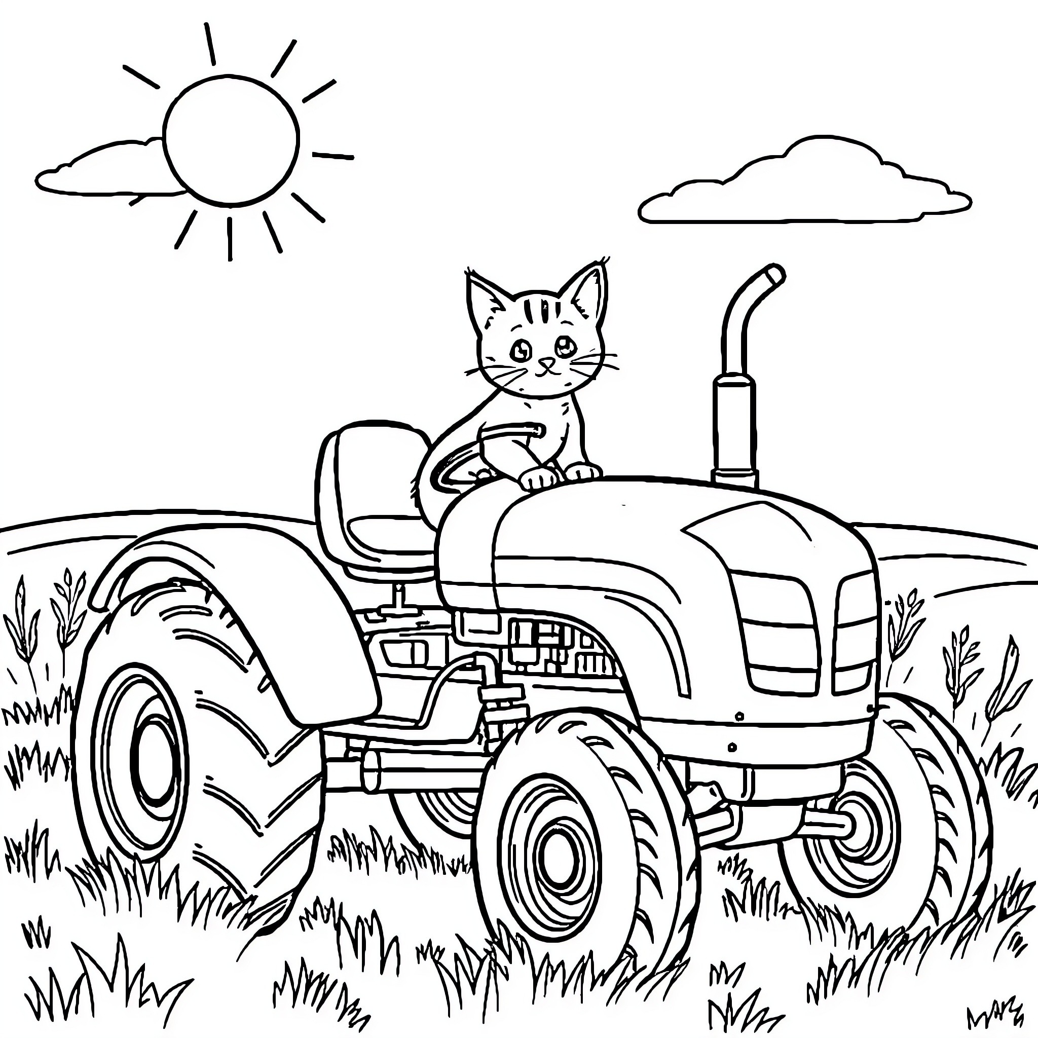 Cat riding a tractor in the countryside Coloring Page (free black-and-white line drawing printable PDF for all, from beginners to advanced learners, including children, teens, adults, and seniors)