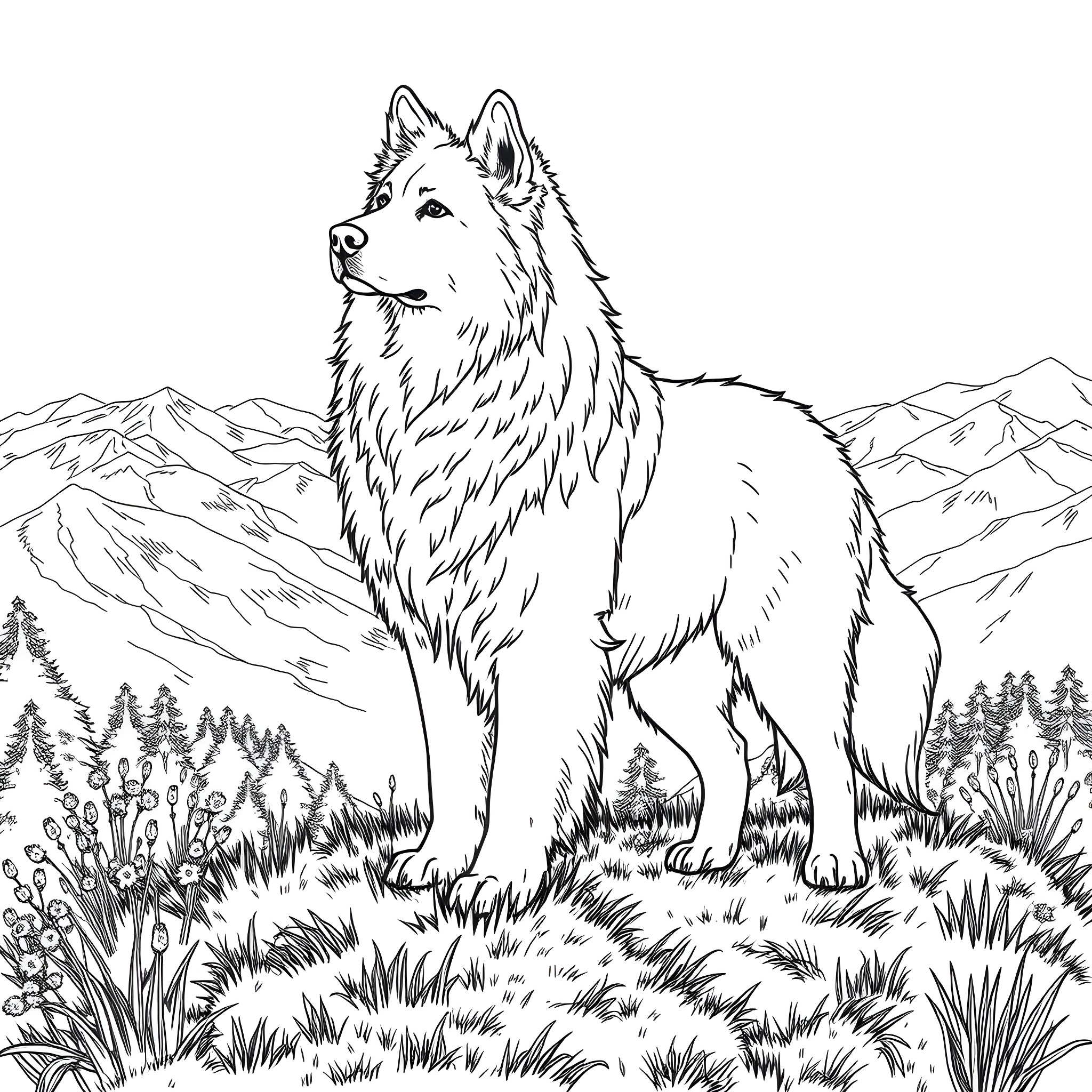 Great Pyrenees standing tall in the mountain landscape Coloring Page (free black-and-white line drawing printable PDF for all, from beginners to advanced learners, including children, teens, adults, and seniors)