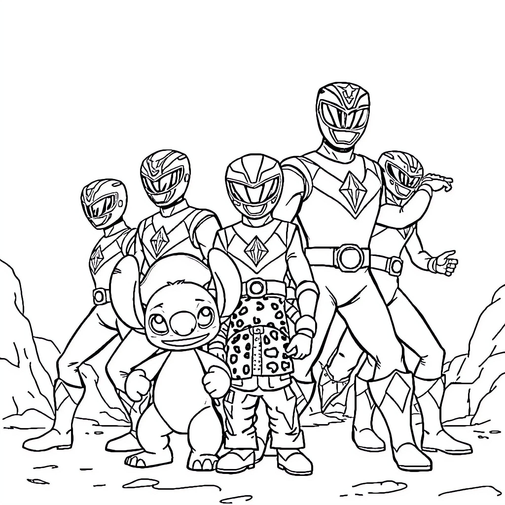 Power Rangers Assemble to Confront a Unique Companion Coloring Page (free black-and-white line drawing printable PDF for all, from beginners to advanced learners, including children, teens, adults, and seniors)