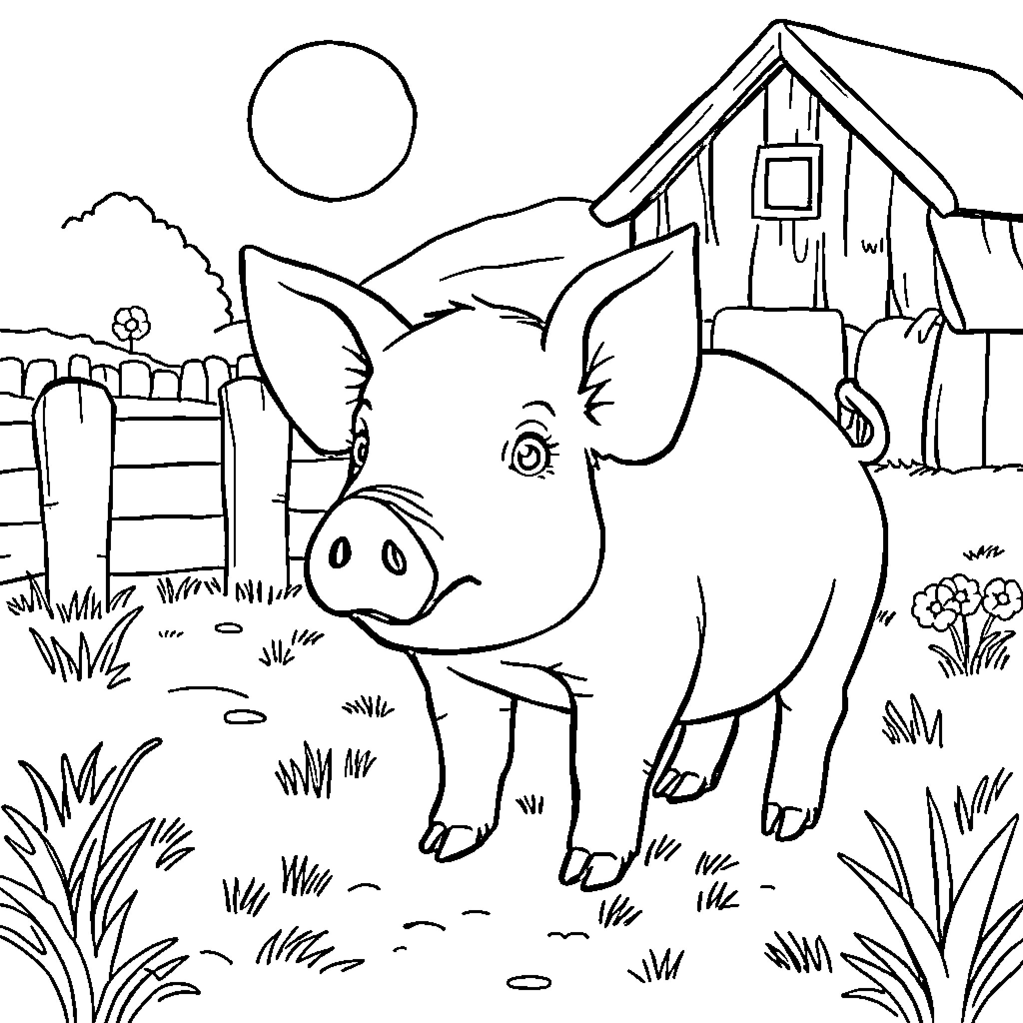 Pig enjoying a sunny day on the farm Coloring Page (free black-and-white line drawing printable PDF for all, from beginners to advanced learners, including children, teens, adults, and seniors)