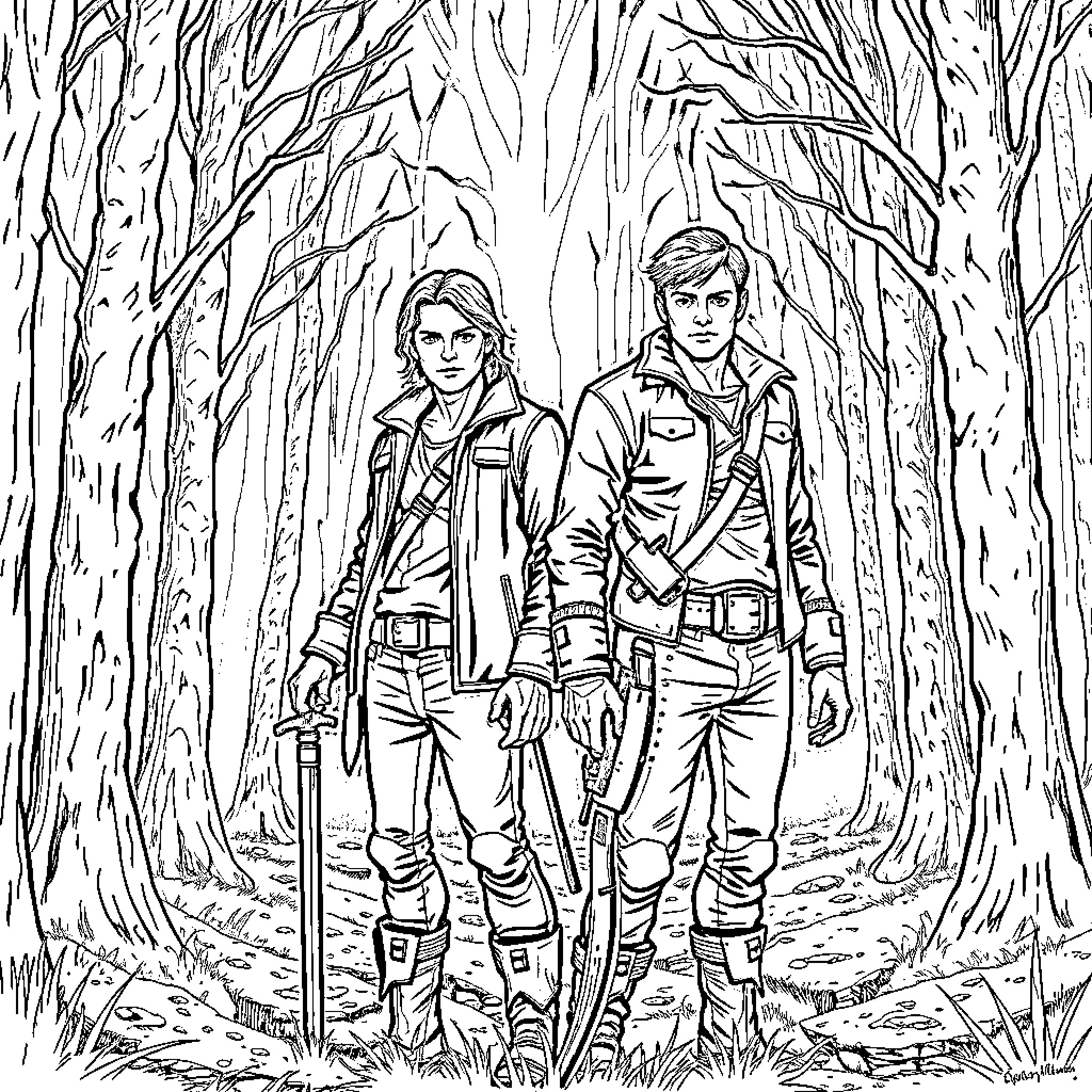 Dean and Sam Exploring the Mysterious Forest Coloring Page (free black-and-white line drawing printable PDF for all, from beginners to advanced learners, including children, teens, adults, and seniors)