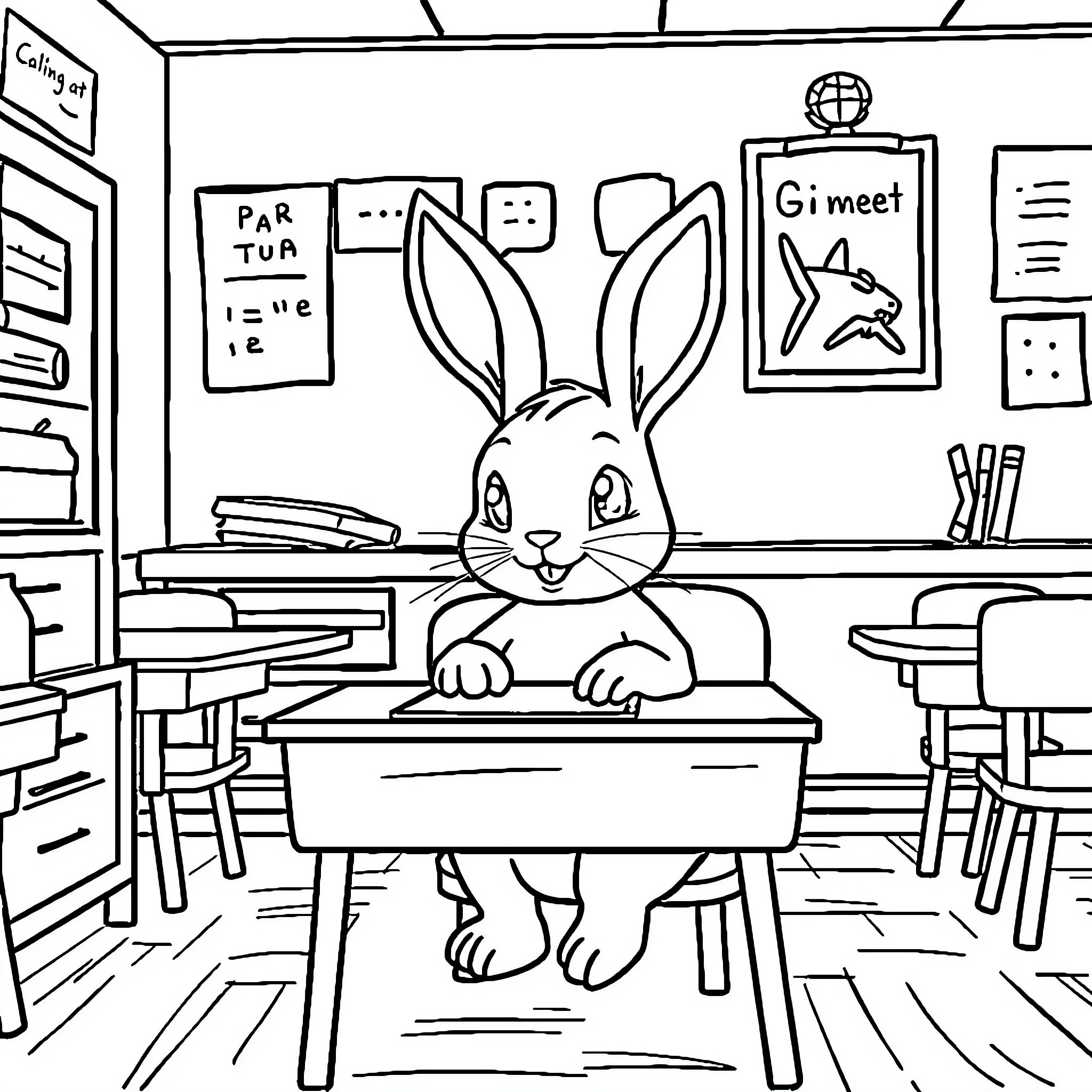 Bunny exploring a classroom setting Coloring Page (free black-and-white line drawing printable PDF for all, from beginners to advanced learners, including children, teens, adults, and seniors)
