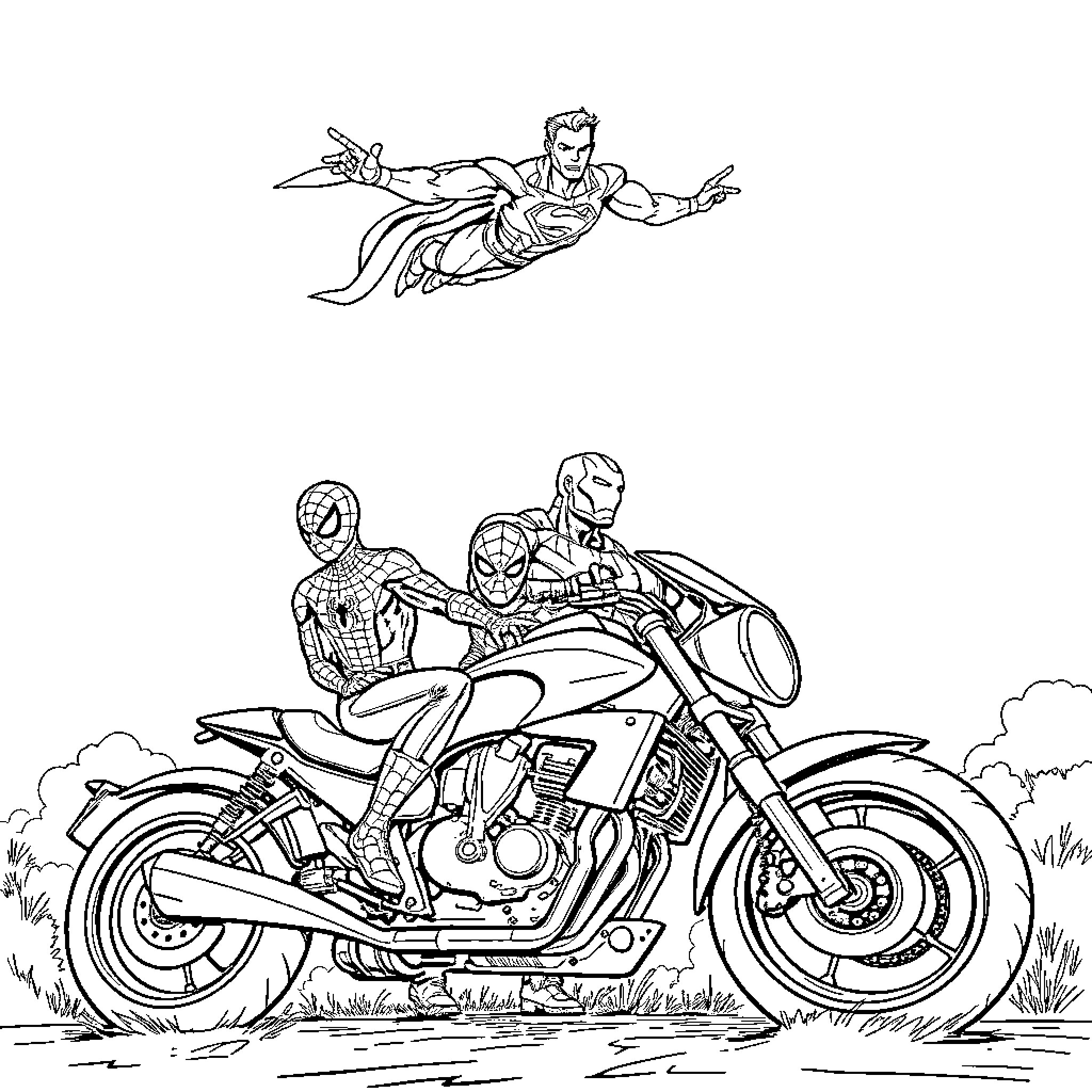 Superhero characters in action poses and on a motorcycle Coloring Page (free black-and-white line drawing printable PDF for all, from beginners to advanced learners, including children, teens, adults, and seniors)