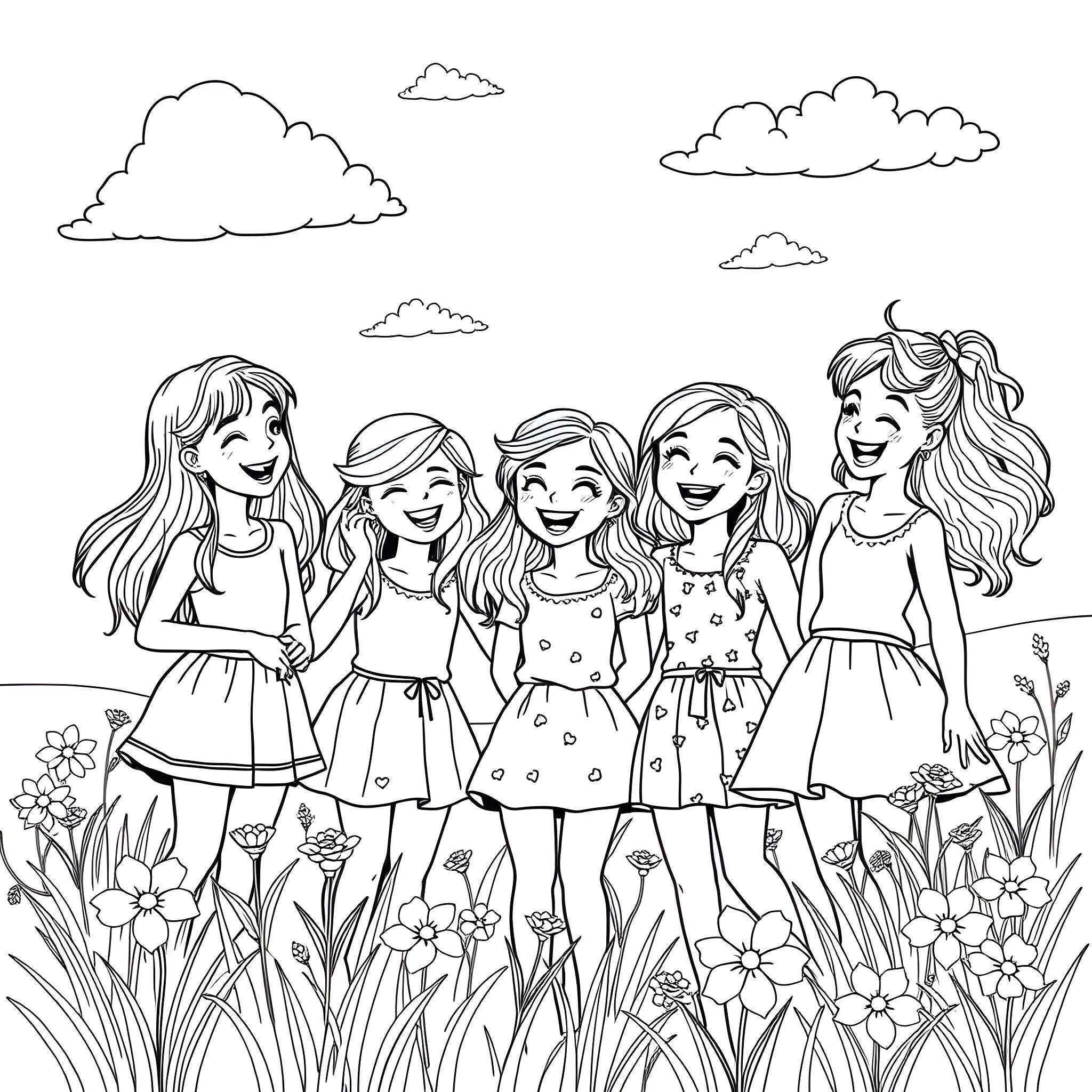 Girls joyfully playing in a flower-filled field Coloring Page (free black-and-white line drawing printable PDF for all, from beginners to advanced learners, including children, teens, adults, and seniors)