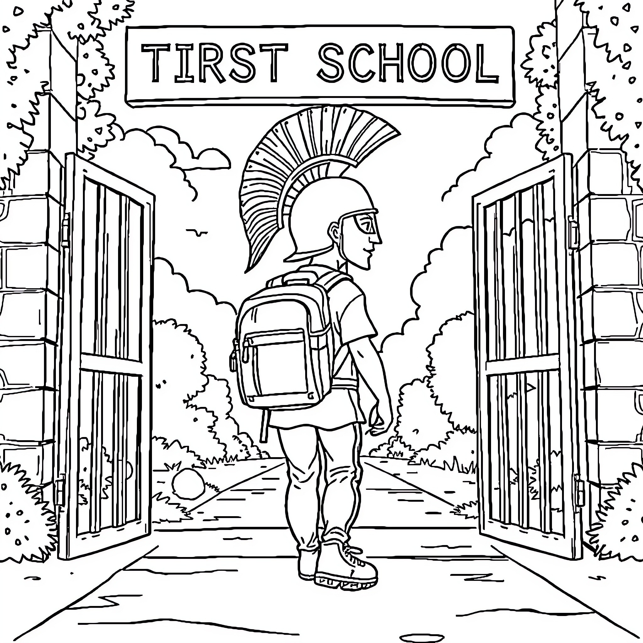 Trojan Student Entering First School Coloring Page (free black-and-white line drawing printable PDF for all, from beginners to advanced learners, including children, teens, adults, and seniors)