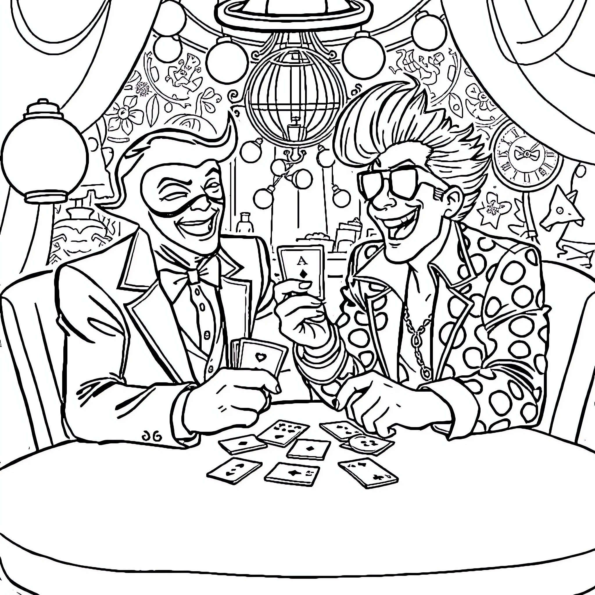 Mask Magicians Performing Card Tricks Coloring Page (free black-and-white line drawing printable PDF for all, from beginners to advanced learners, including children, teens, adults, and seniors)