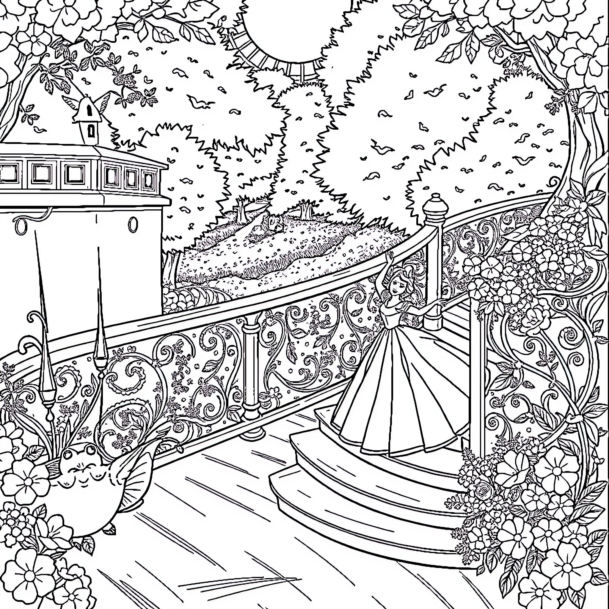 Princesse en robe de bal dans un jardin fleuri Coloring Page (free black-and-white line drawing printable PDF for all, from beginners to advanced learners, including children, teens, adults, and seniors)