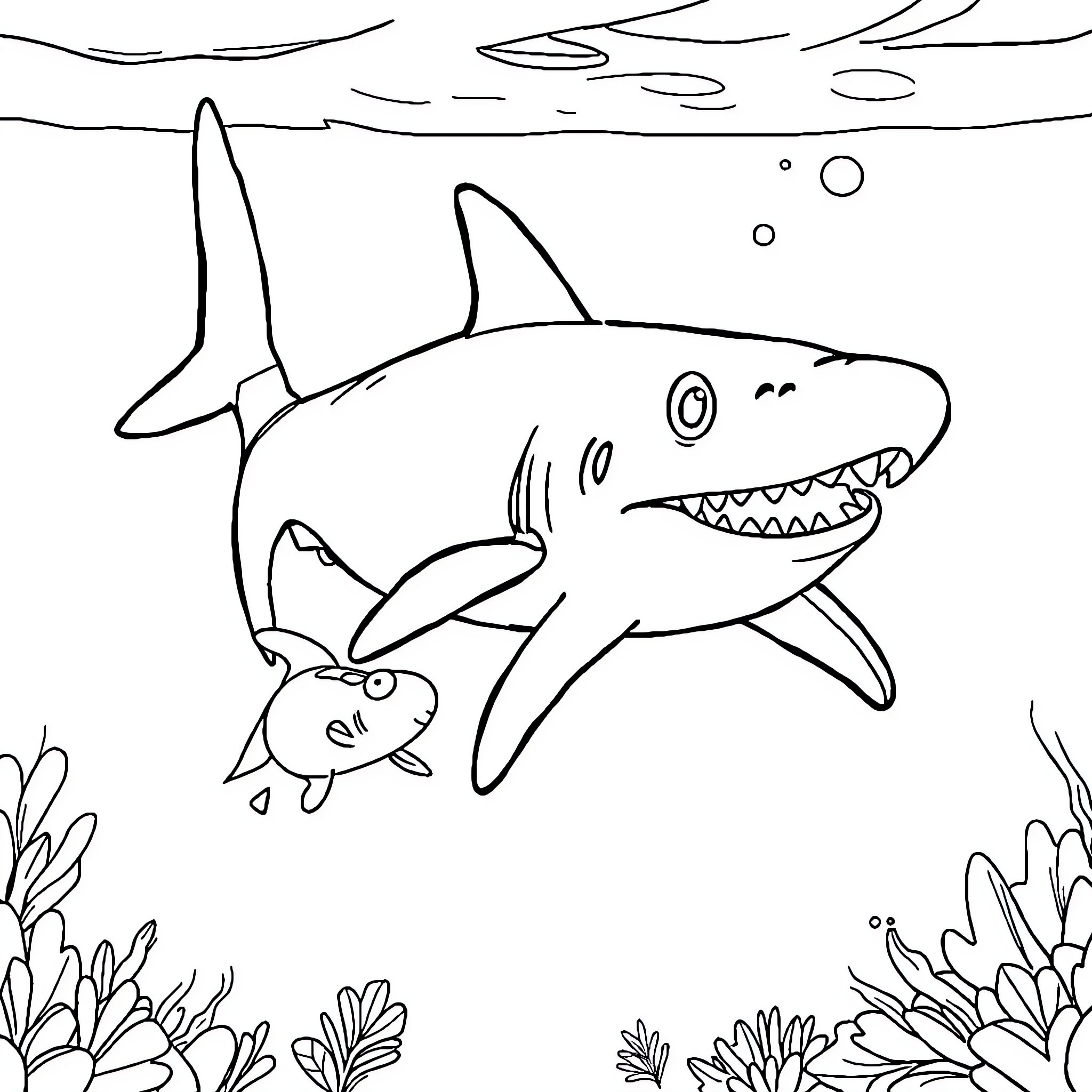Plimplim Shark Chasing Little Fish Underwater Coloring Page (free black-and-white line drawing printable PDF for all, from beginners to advanced learners, including children, teens, adults, and seniors)