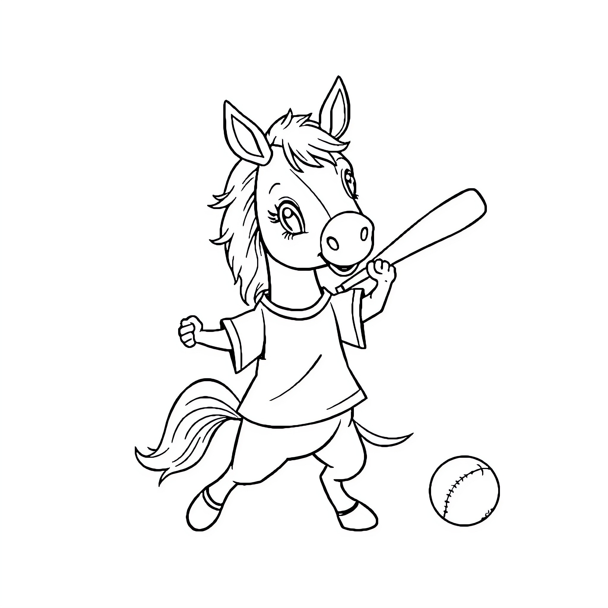 Horse playing baseball with ball Coloring Page (free black-and-white line drawing printable PDF for all, from beginners to advanced learners, including children, teens, adults, and seniors)