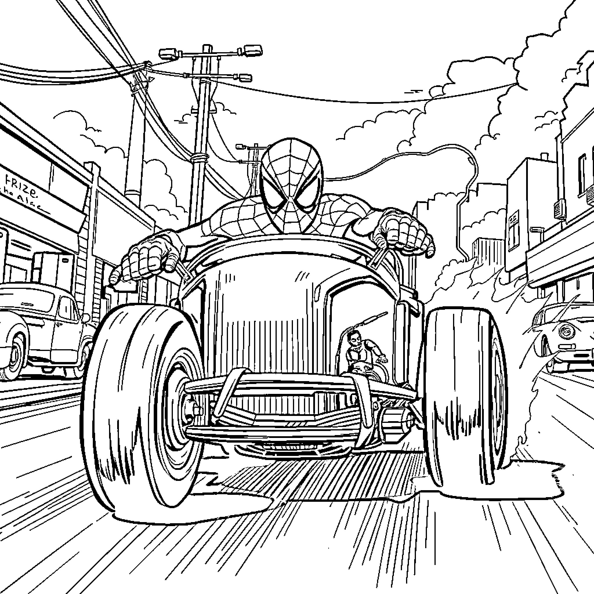 Spiderman drives his custom hot rod through the city streets Coloring Page (free black-and-white line drawing printable PDF for all, from beginners to advanced learners, including children, teens, adults, and seniors)