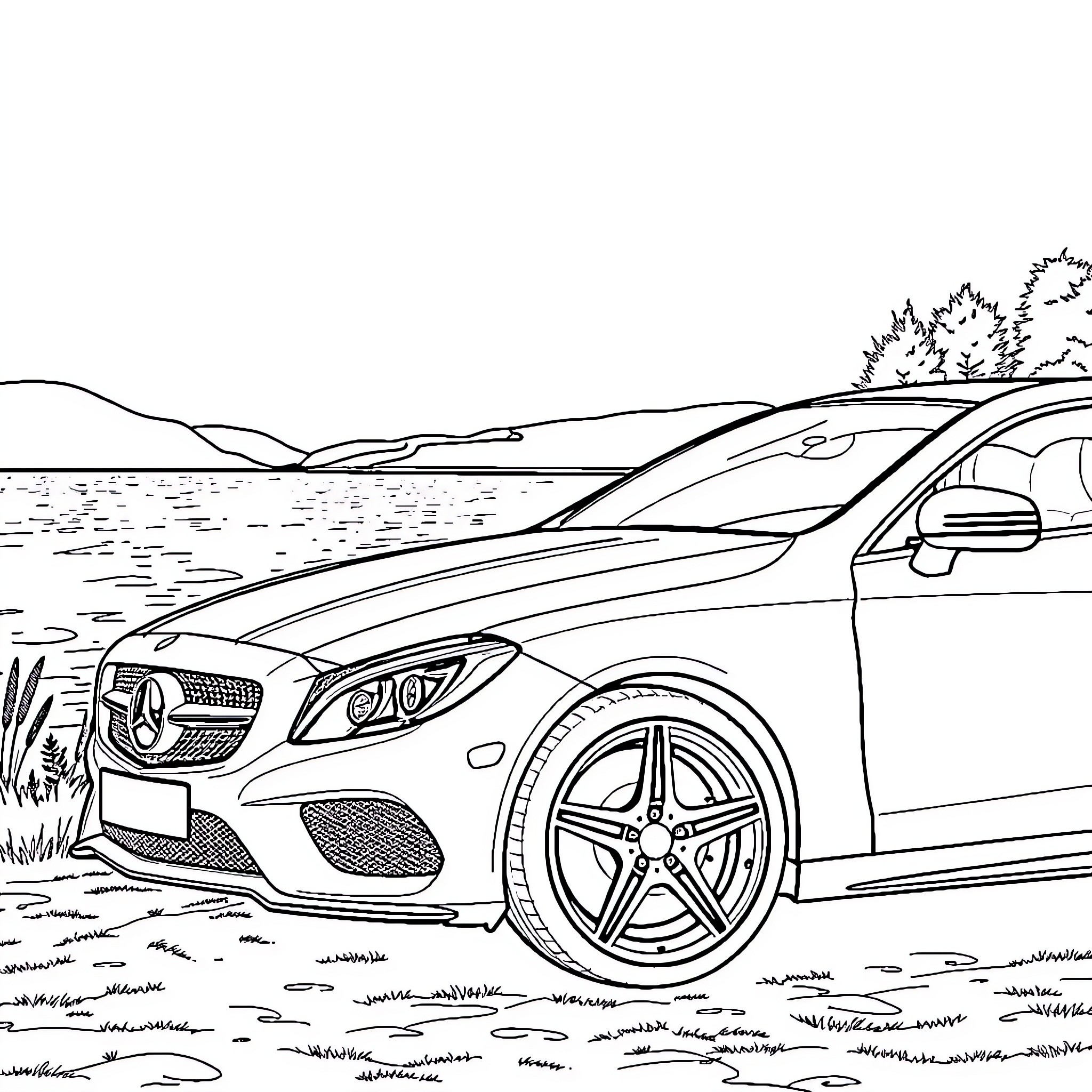 Mercedes-Benz luxury vehicle in scenic outdoor setting Coloring Page (free black-and-white line drawing printable PDF for all, from beginners to advanced learners, including children, teens, adults, and seniors)