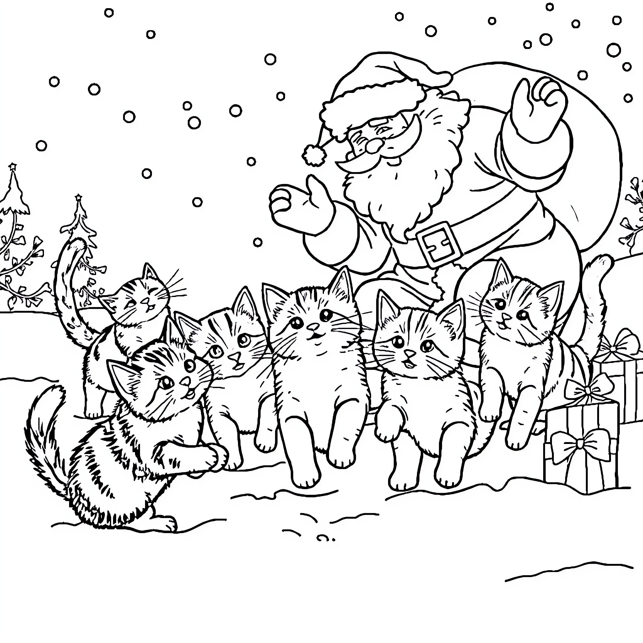 Cat Santa and Kittens in the Snow Coloring Page (free black-and-white line drawing printable PDF for all, from beginners to advanced learners, including children, teens, adults, and seniors)