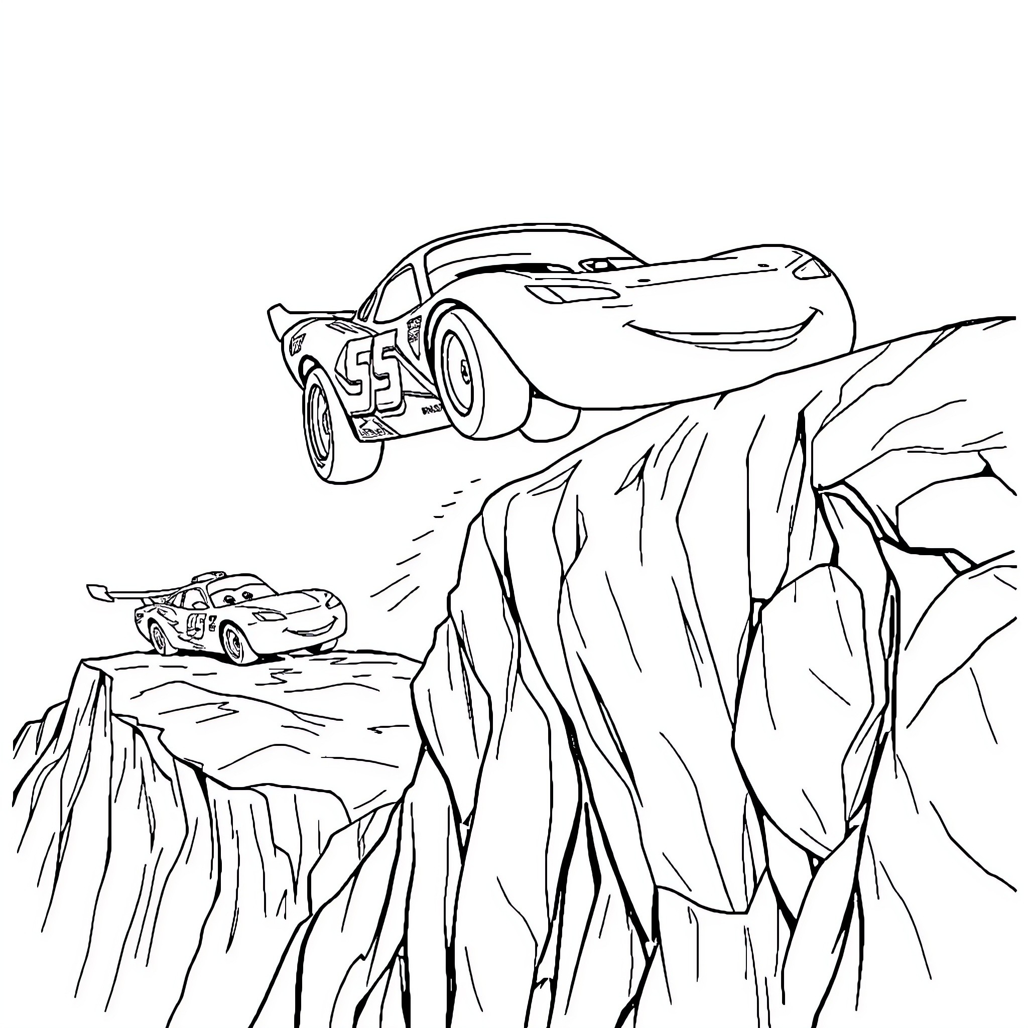 Lightning McQueen racing along a rocky path Coloring Page (free black-and-white line drawing printable PDF for all, from beginners to advanced learners, including children, teens, adults, and seniors)