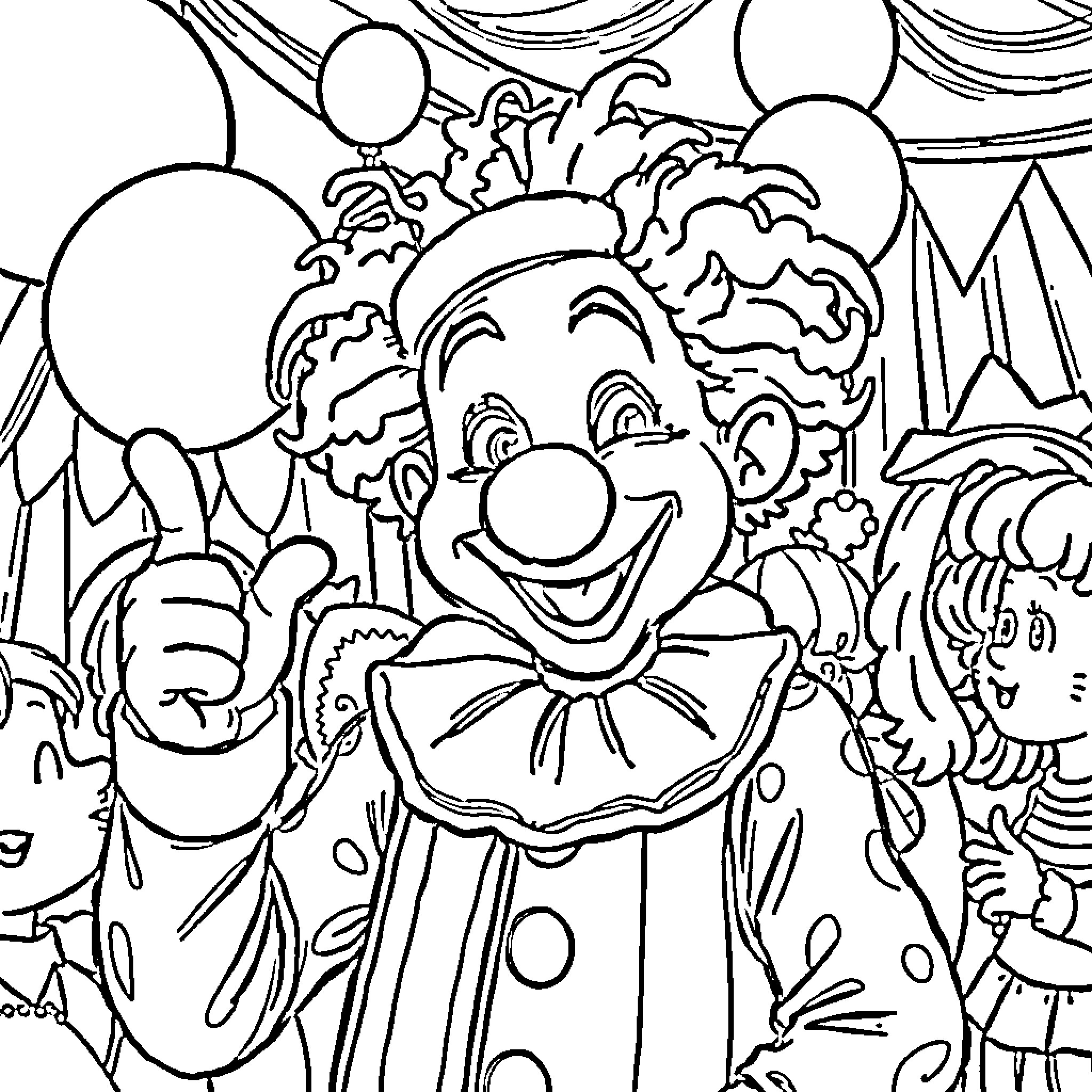 Clown smiling and gesturing playfully in a festive scene Coloring Page (free black-and-white line drawing printable PDF for all, from beginners to advanced learners, including children, teens, adults, and seniors)