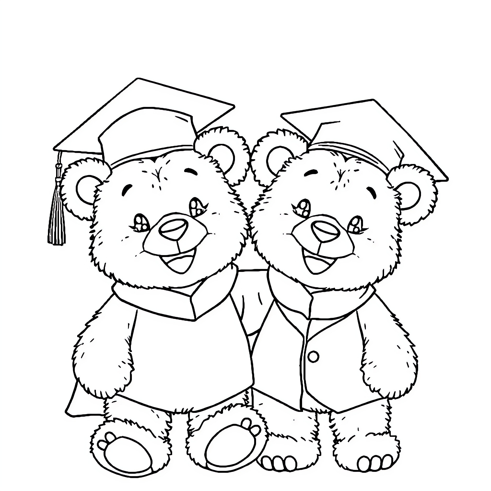Teddy Bears Graduating in Caps and Gowns Coloring Page (free black-and-white line drawing printable PDF for all, from beginners to advanced learners, including children, teens, adults, and seniors)
