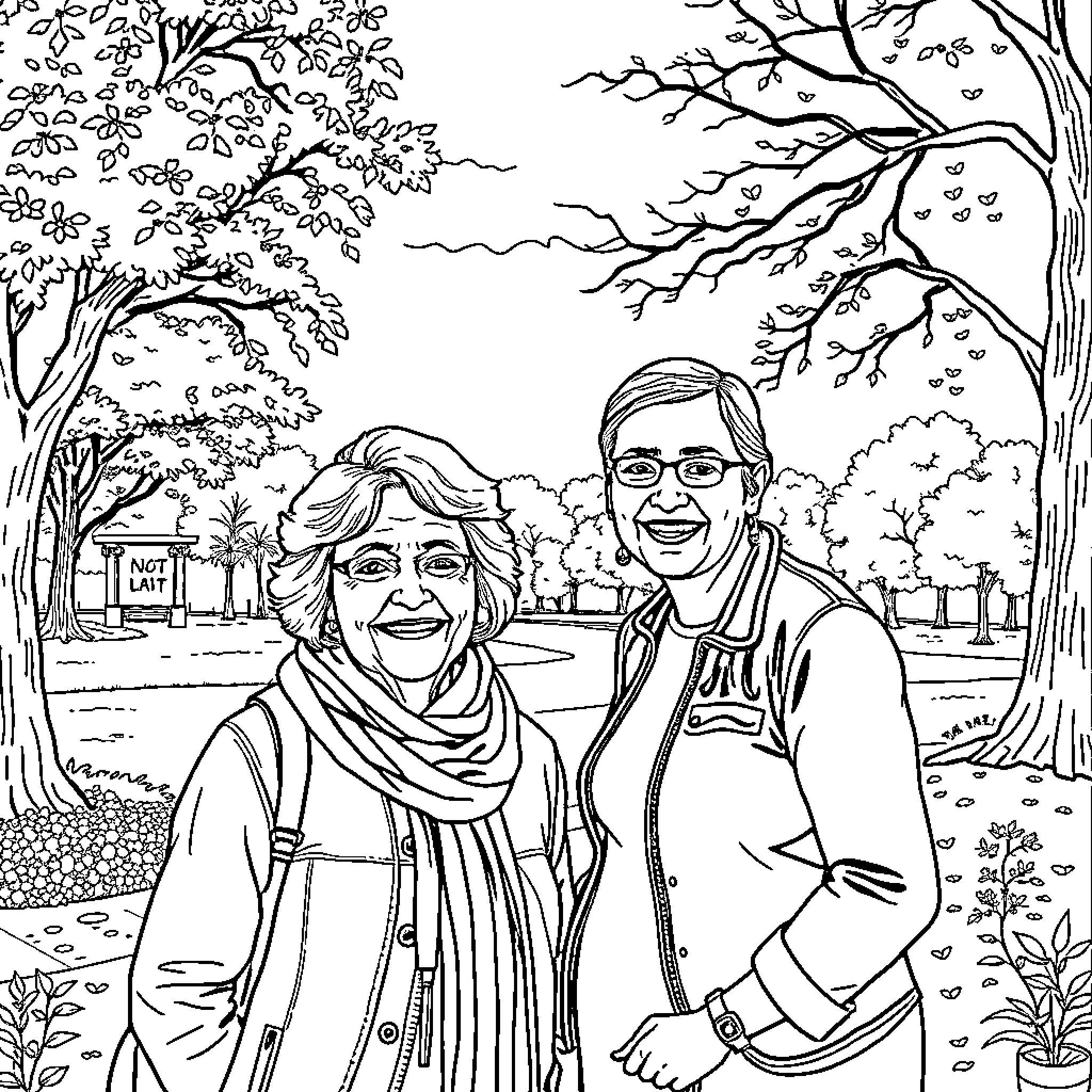 Mom and Dad's Joyful Outing in the Park Coloring Page (free black-and-white line drawing printable PDF for all, from beginners to advanced learners, including children, teens, adults, and seniors)