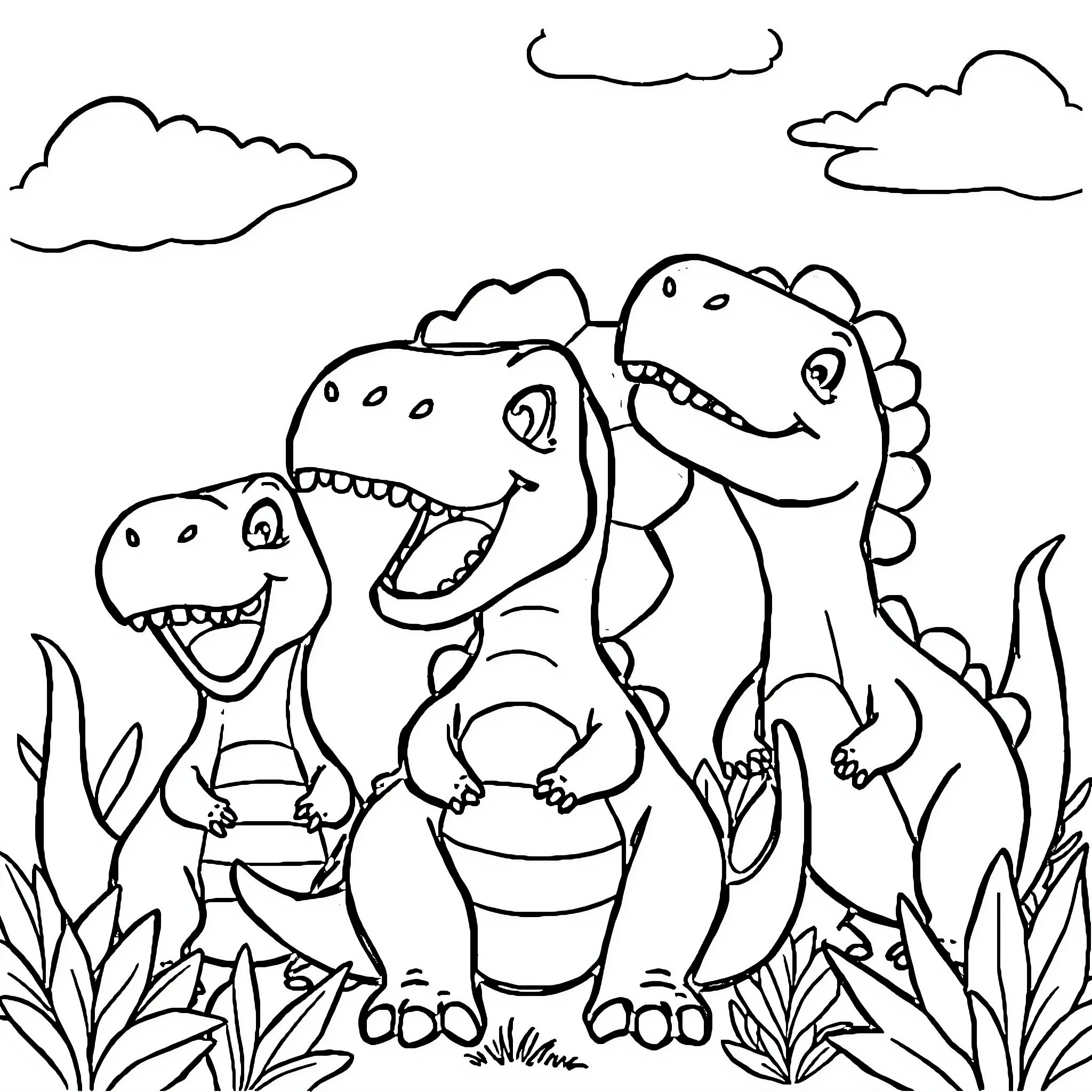 Dinosaurs playing together in the landscape Coloring Page (free black-and-white line drawing printable PDF for all, from beginners to advanced learners, including children, teens, adults, and seniors)